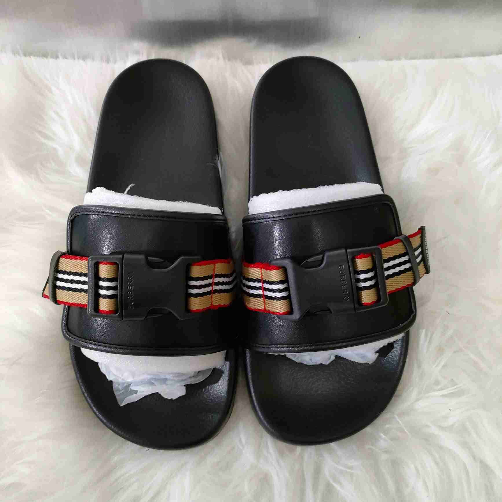 Burberry Icon Stripe Buckled Slides - FashionPlug
