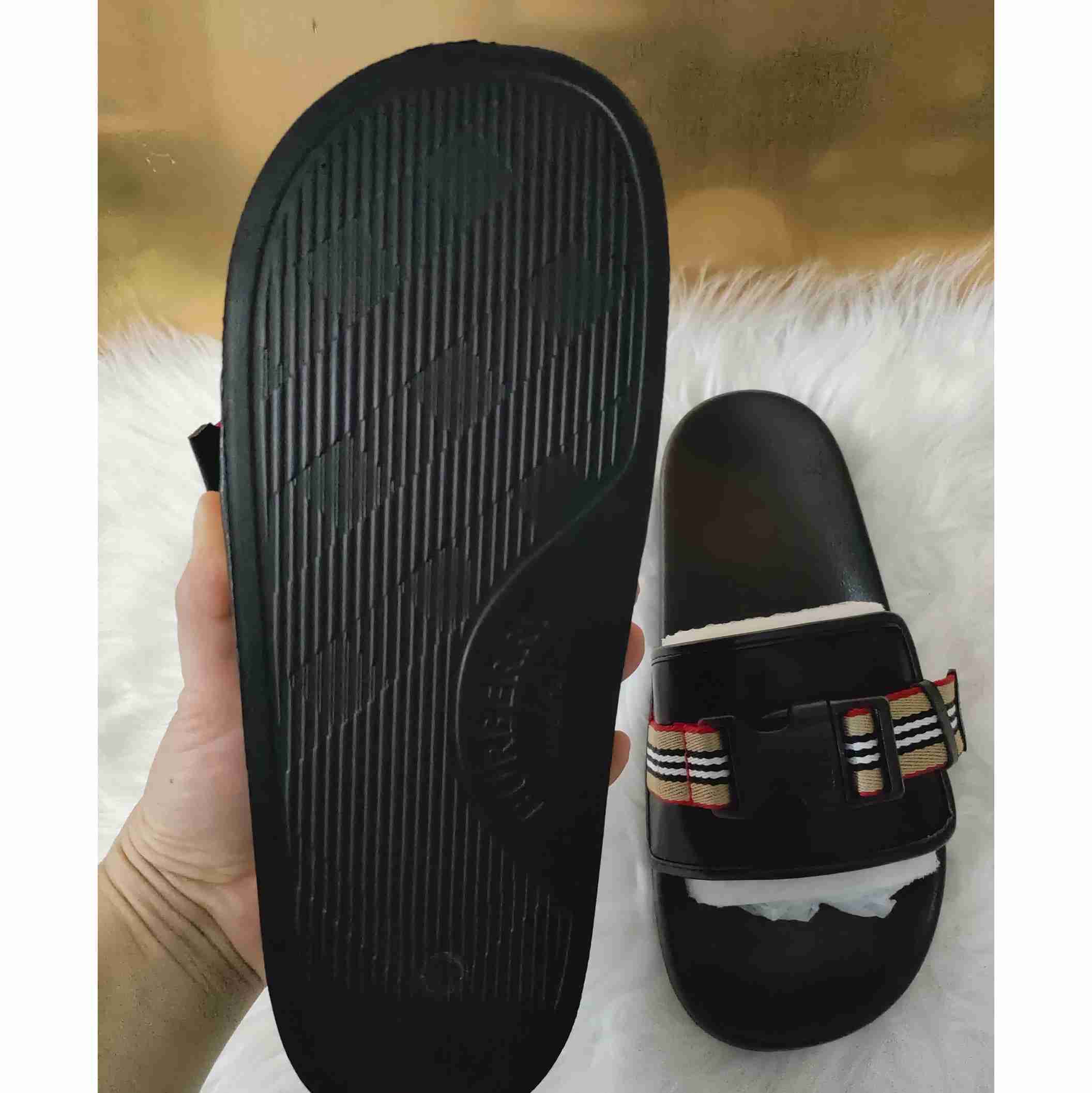 Burberry Icon Stripe Buckled Slides - FashionPlug