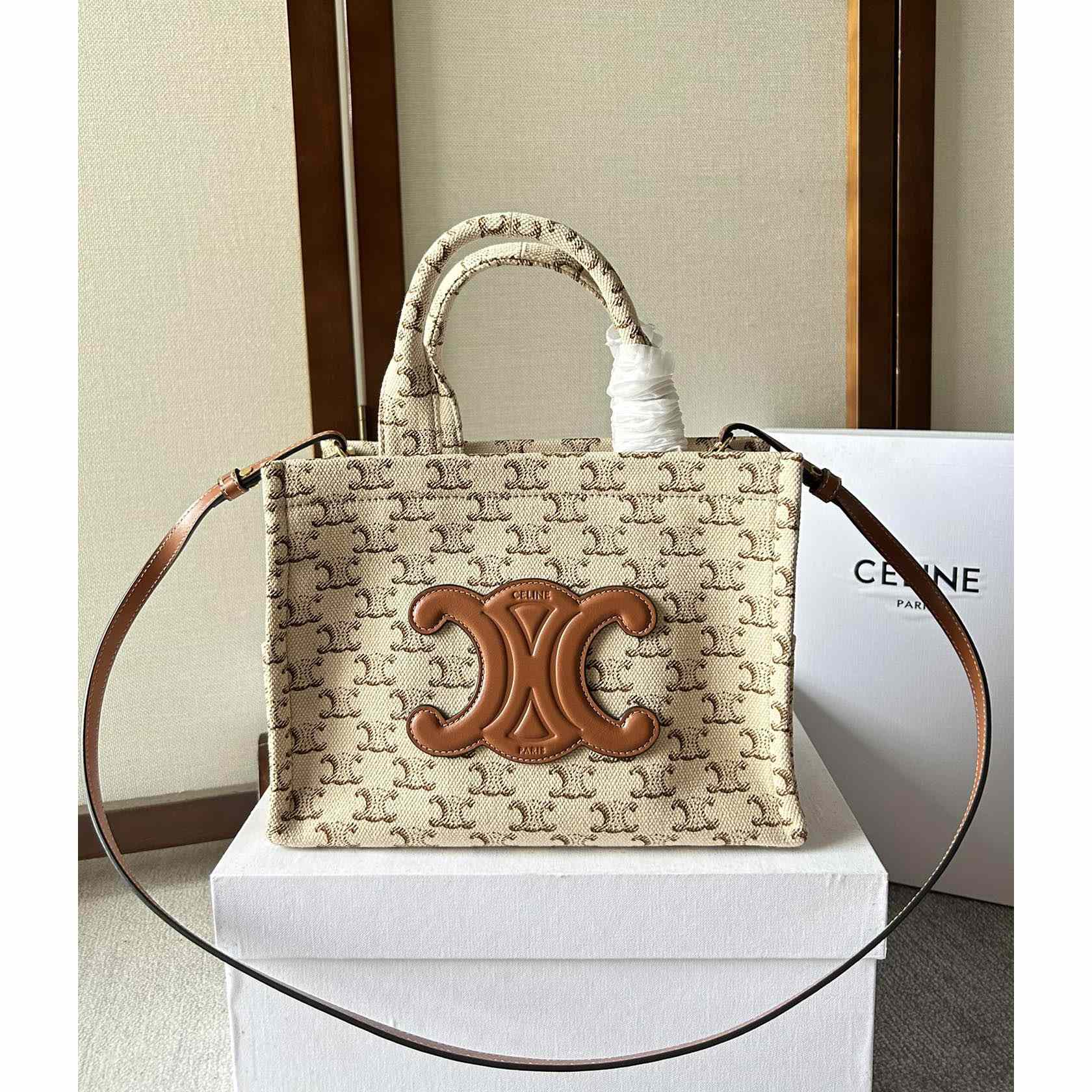 Celine Small Cabas Thais  In Textile With Triomphe Canvas Print And Calfskin White - FashionPlug