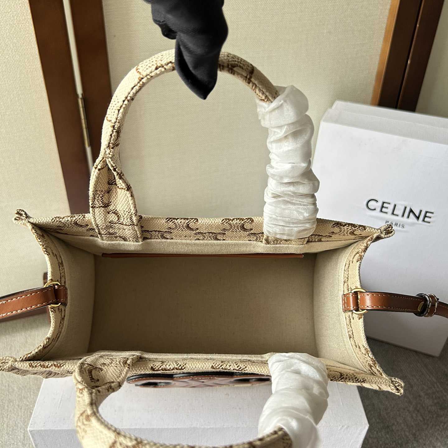 Celine Small Cabas Thais  In Textile With Triomphe Canvas Print And Calfskin White - FashionPlug