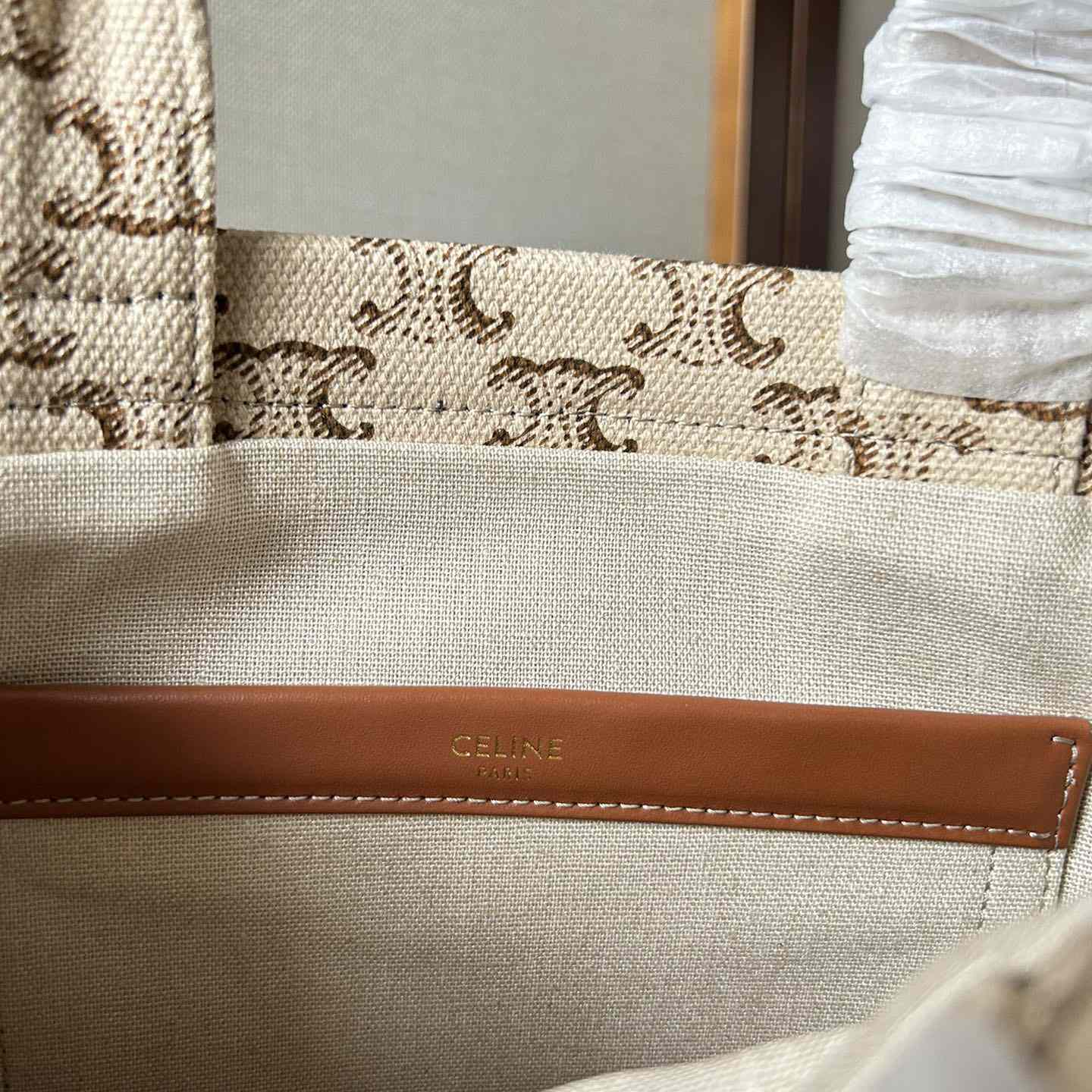 Celine Small Cabas Thais  In Textile With Triomphe Canvas Print And Calfskin White - FashionPlug