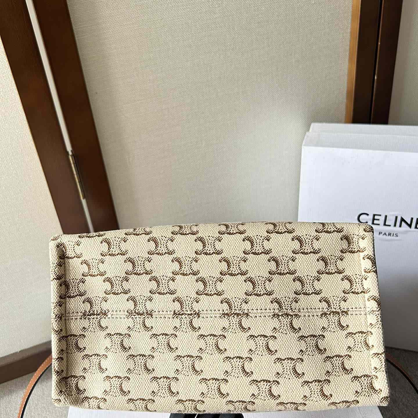 Celine Small Cabas Thais  In Textile With Triomphe Canvas Print And Calfskin White - FashionPlug