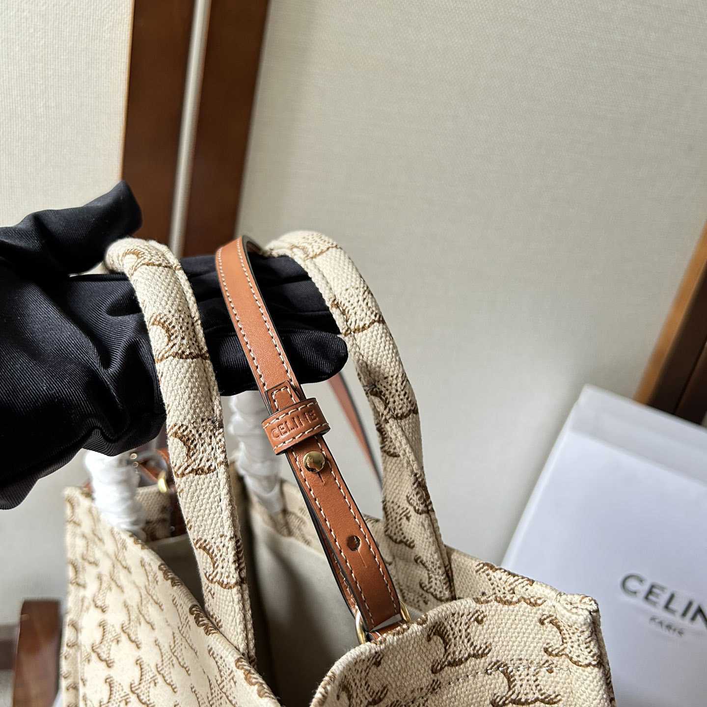 Celine Small Cabas Thais  In Textile With Triomphe Canvas Print And Calfskin White - FashionPlug