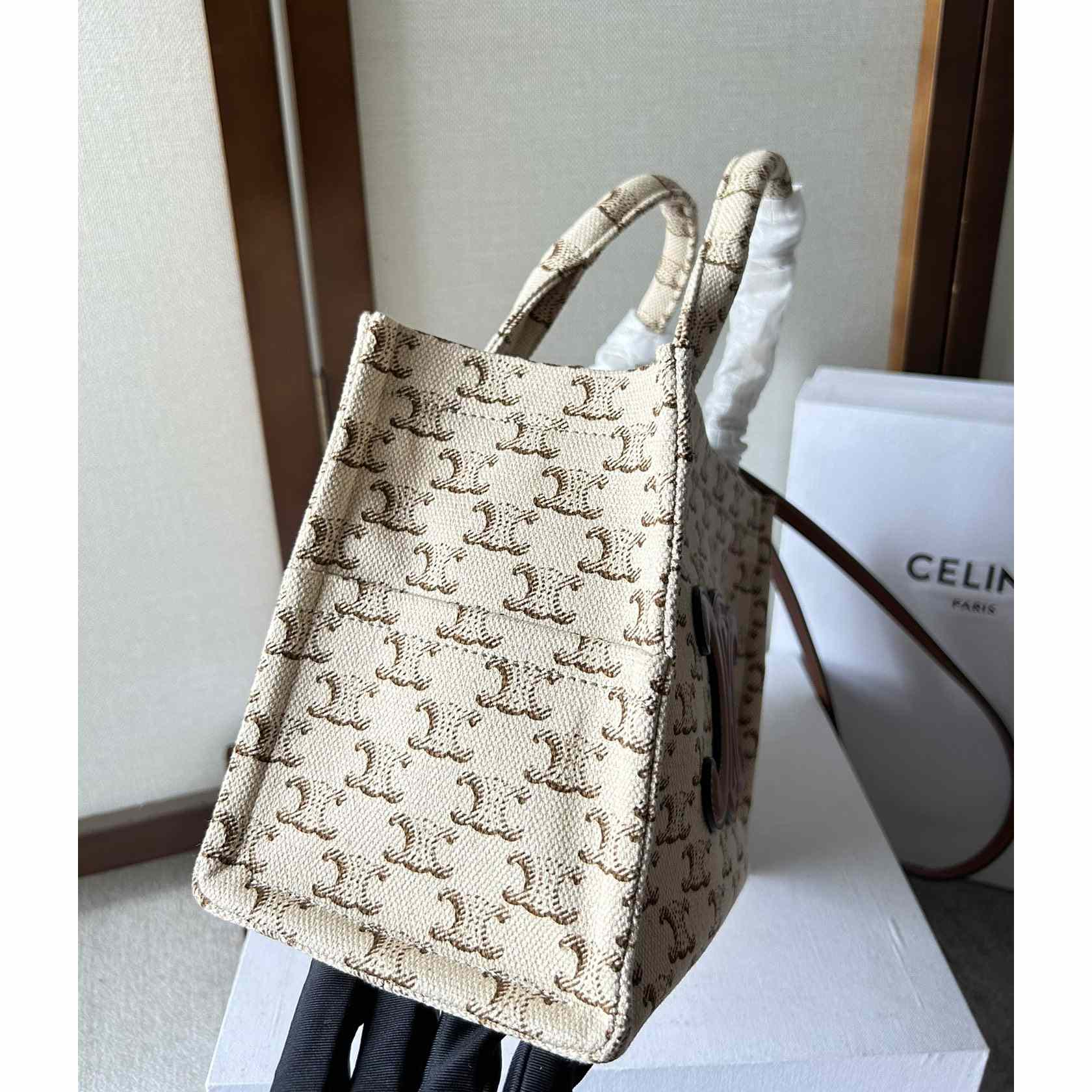 Celine Small Cabas Thais  In Textile With Triomphe Canvas Print And Calfskin White - FashionPlug