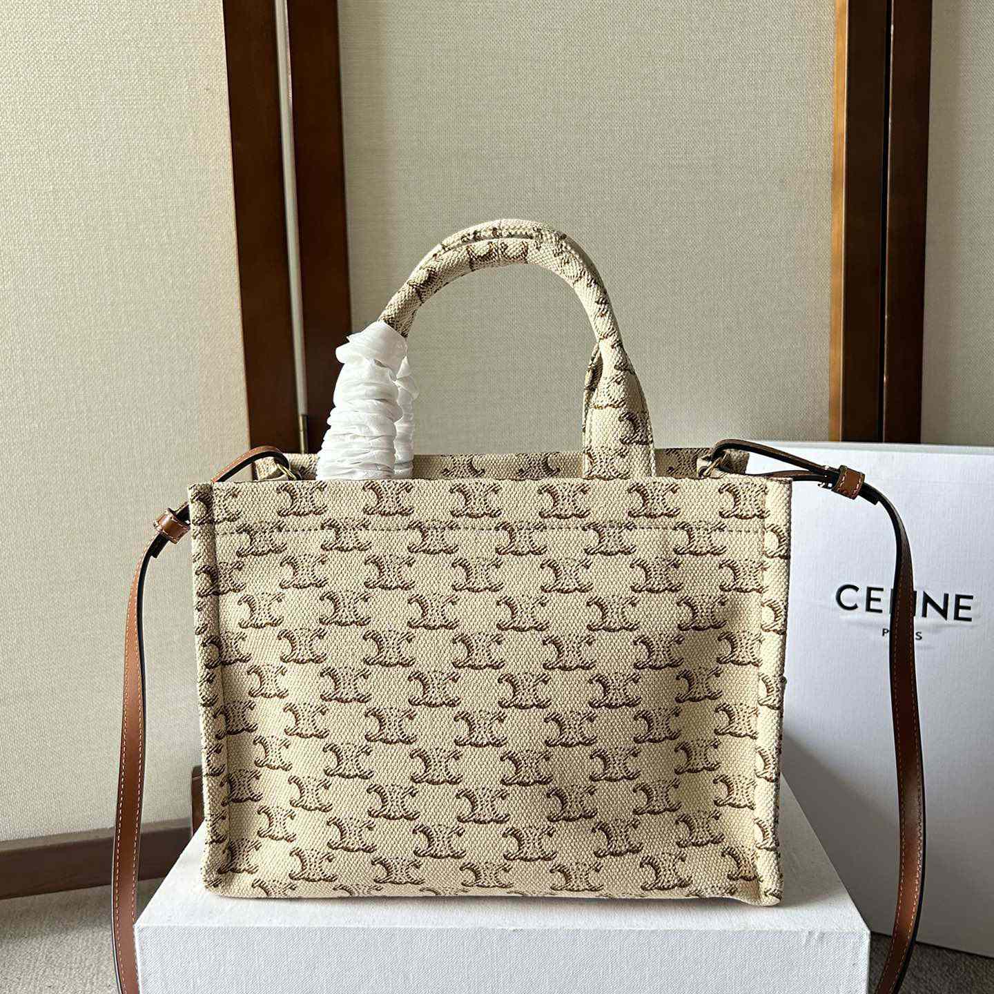 Celine Small Cabas Thais  In Textile With Triomphe Canvas Print And Calfskin White - FashionPlug