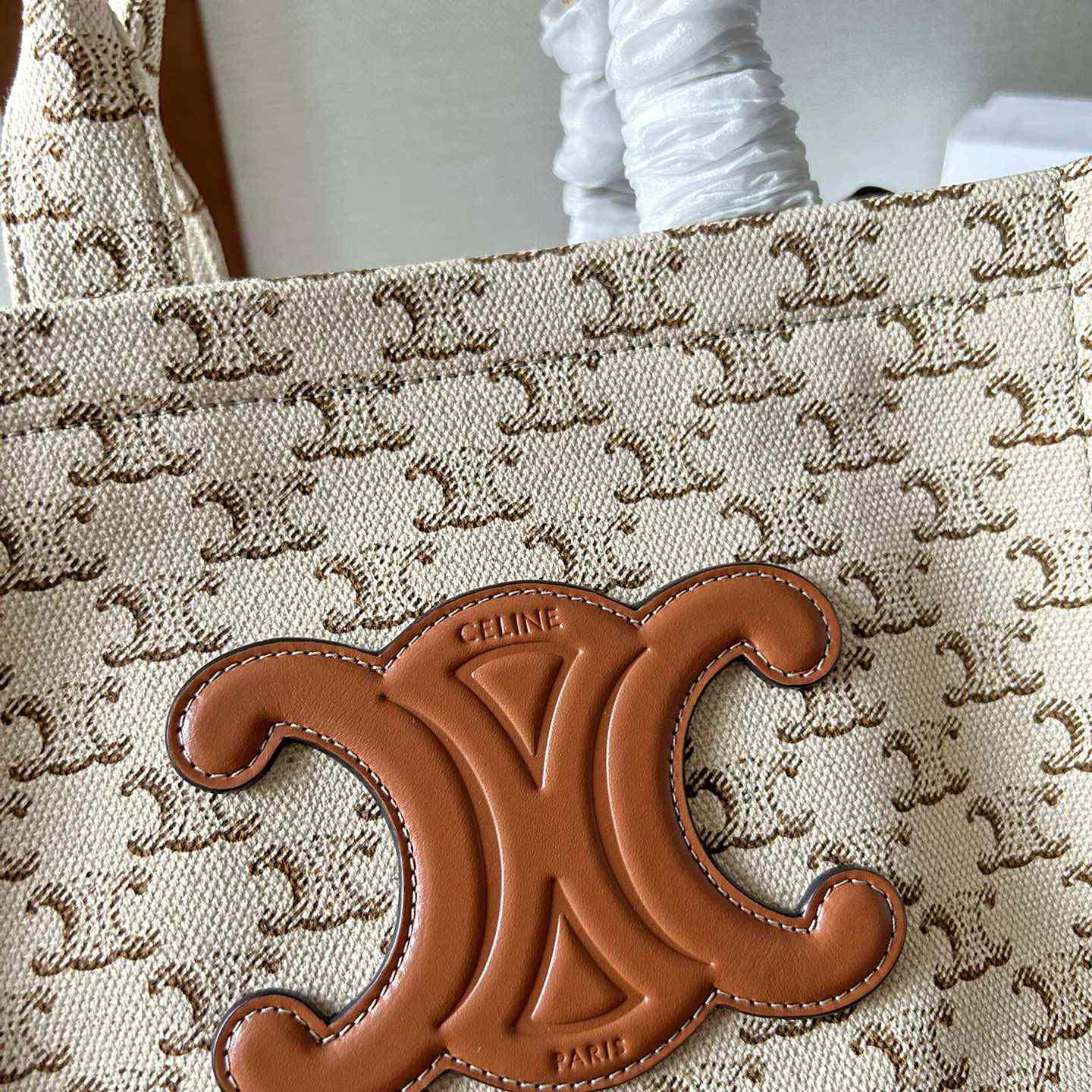 Celine Small Cabas Thais  In Textile With Triomphe Canvas Print And Calfskin White - FashionPlug
