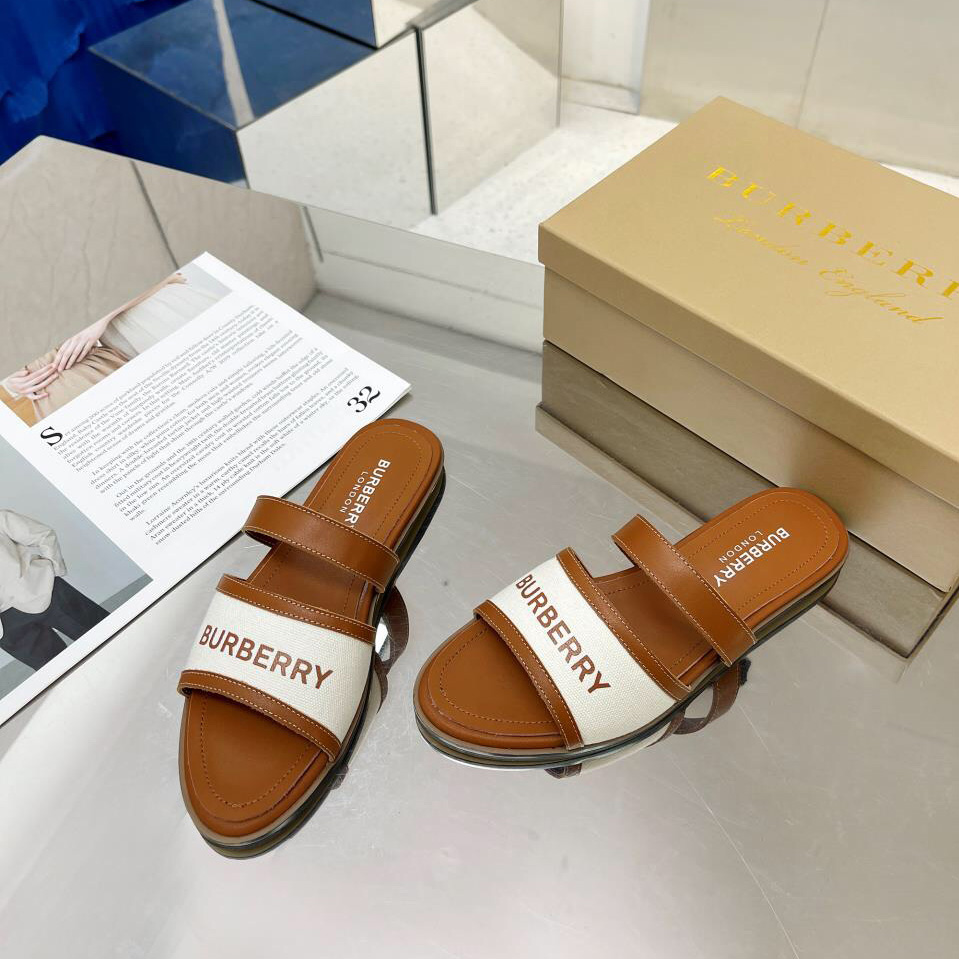Burberry Women's Brown Logo-appliquéd Leather And Cotton-canvas Slides - FashionPlug