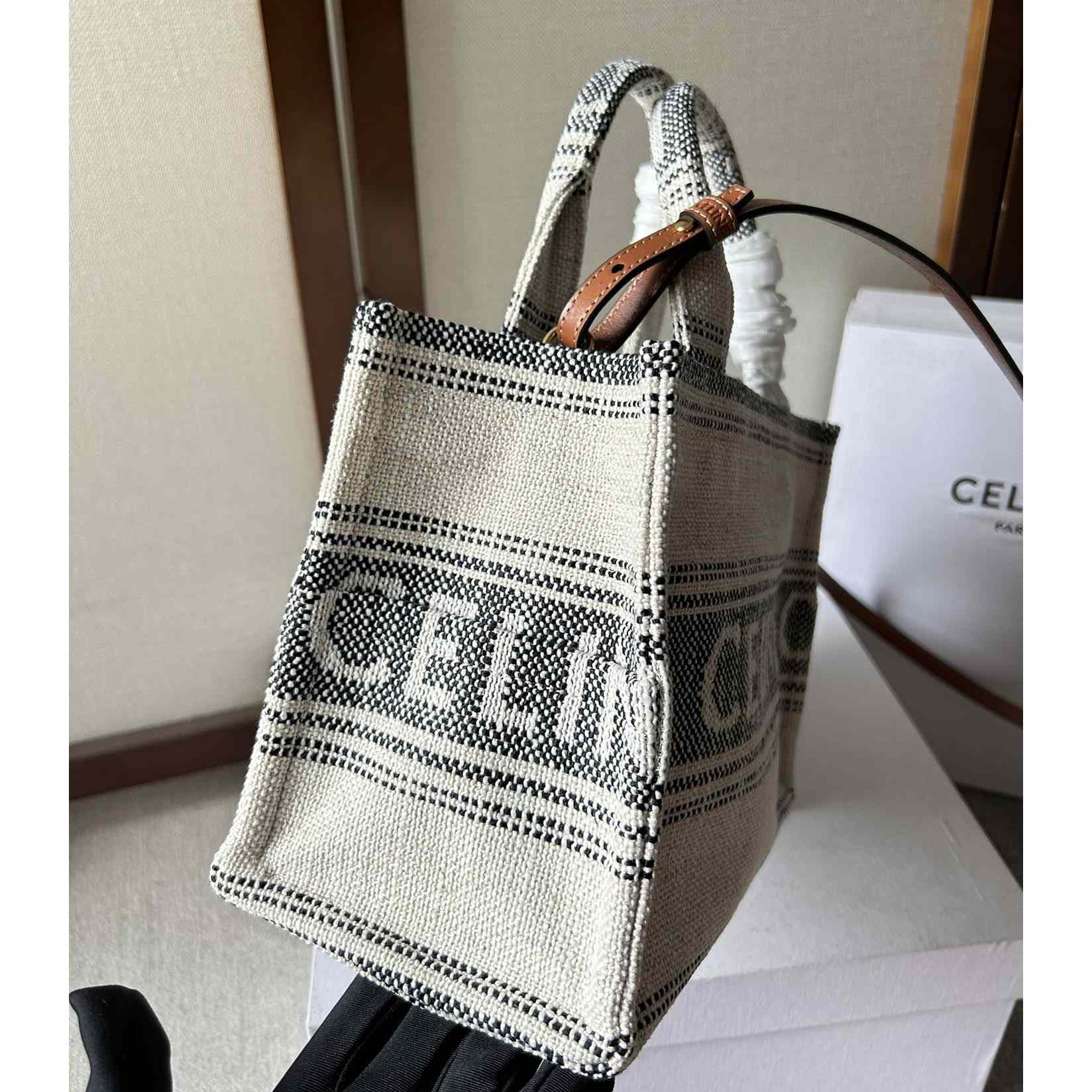 Celine Small Cabas Thais In Striped Textile With Celine jacquard White / Black  - FashionPlug