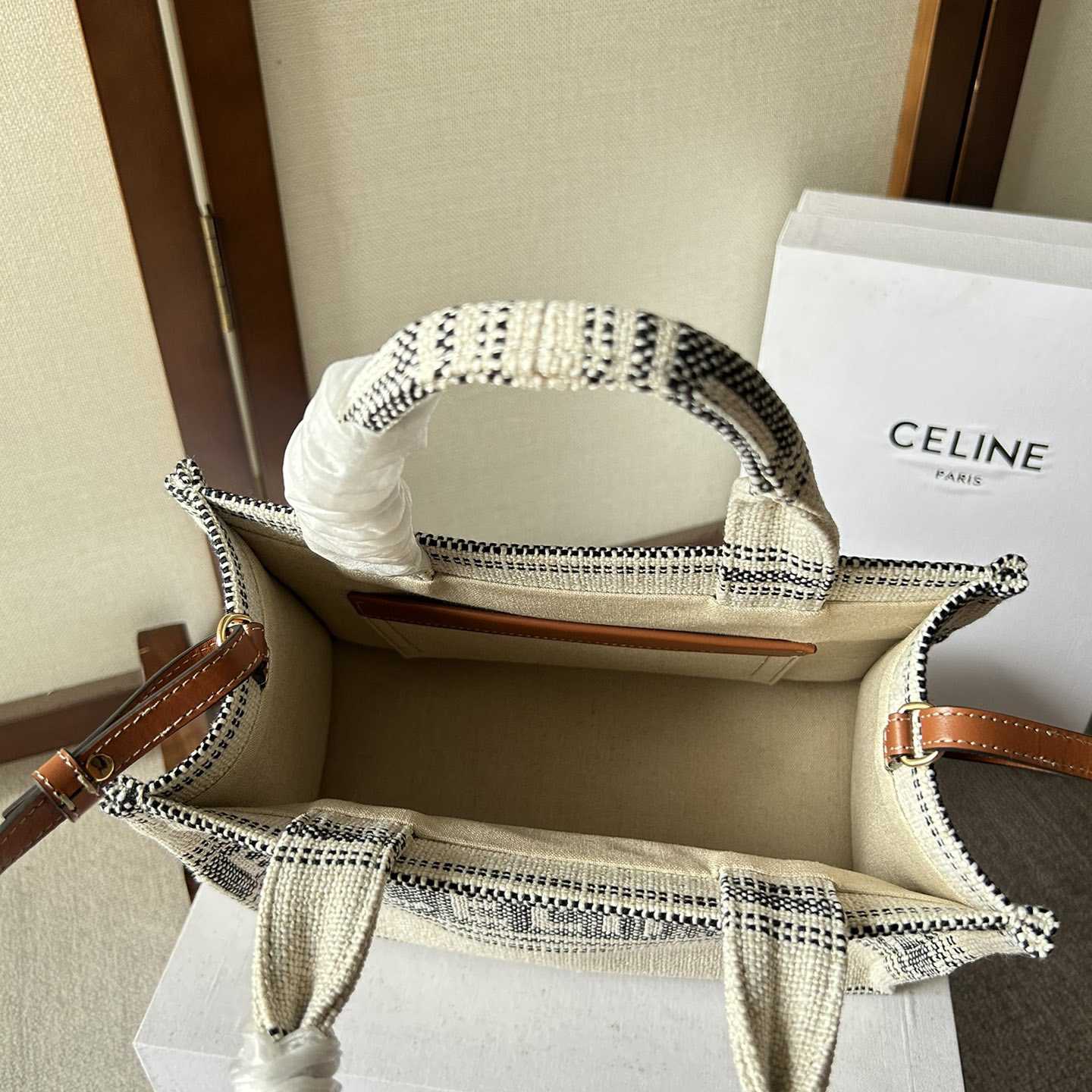 Celine Small Cabas Thais In Striped Textile With Celine jacquard White / Black  - FashionPlug