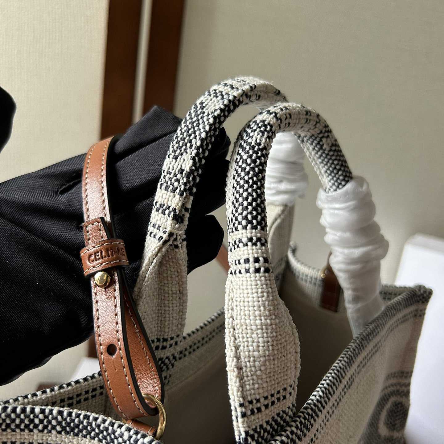 Celine Small Cabas Thais In Striped Textile With Celine jacquard White / Black  - FashionPlug