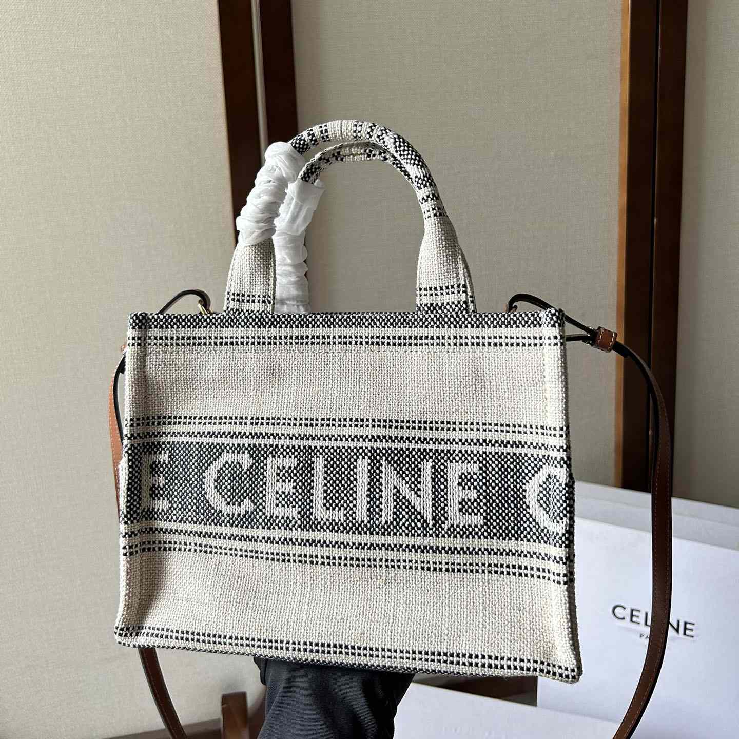Celine Small Cabas Thais In Striped Textile With Celine jacquard White / Black  - FashionPlug