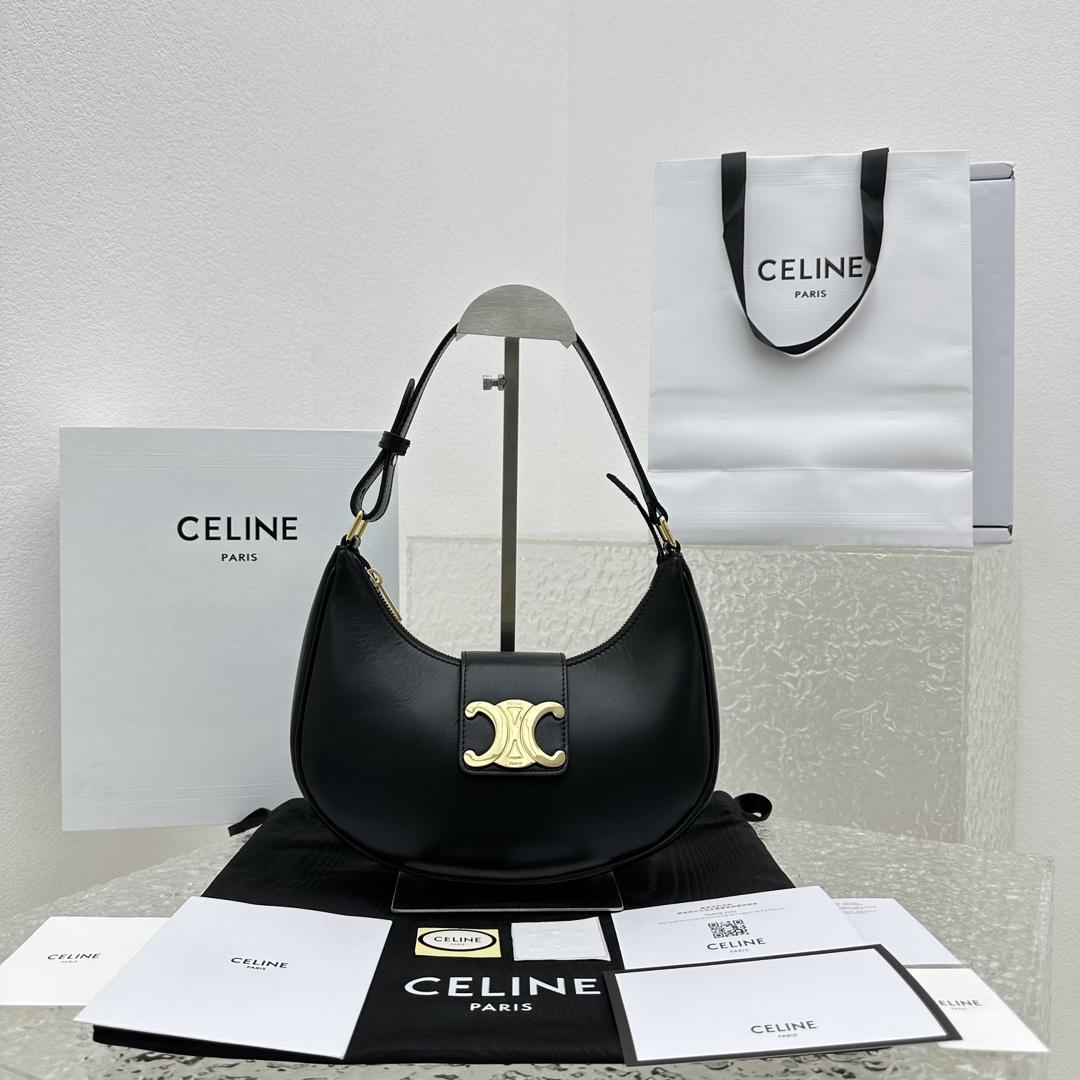 Celine Ava Triomphe Soft Bag In Smooth Calfskin Black - FashionPlug