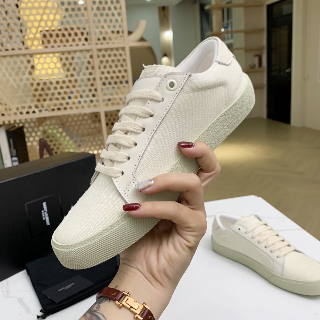 Saint Laurent Court Classic Sl/06 Sneakers Embroidered With Saint Laurent,In White Worn-look Fabric And Leather - FashionPlug