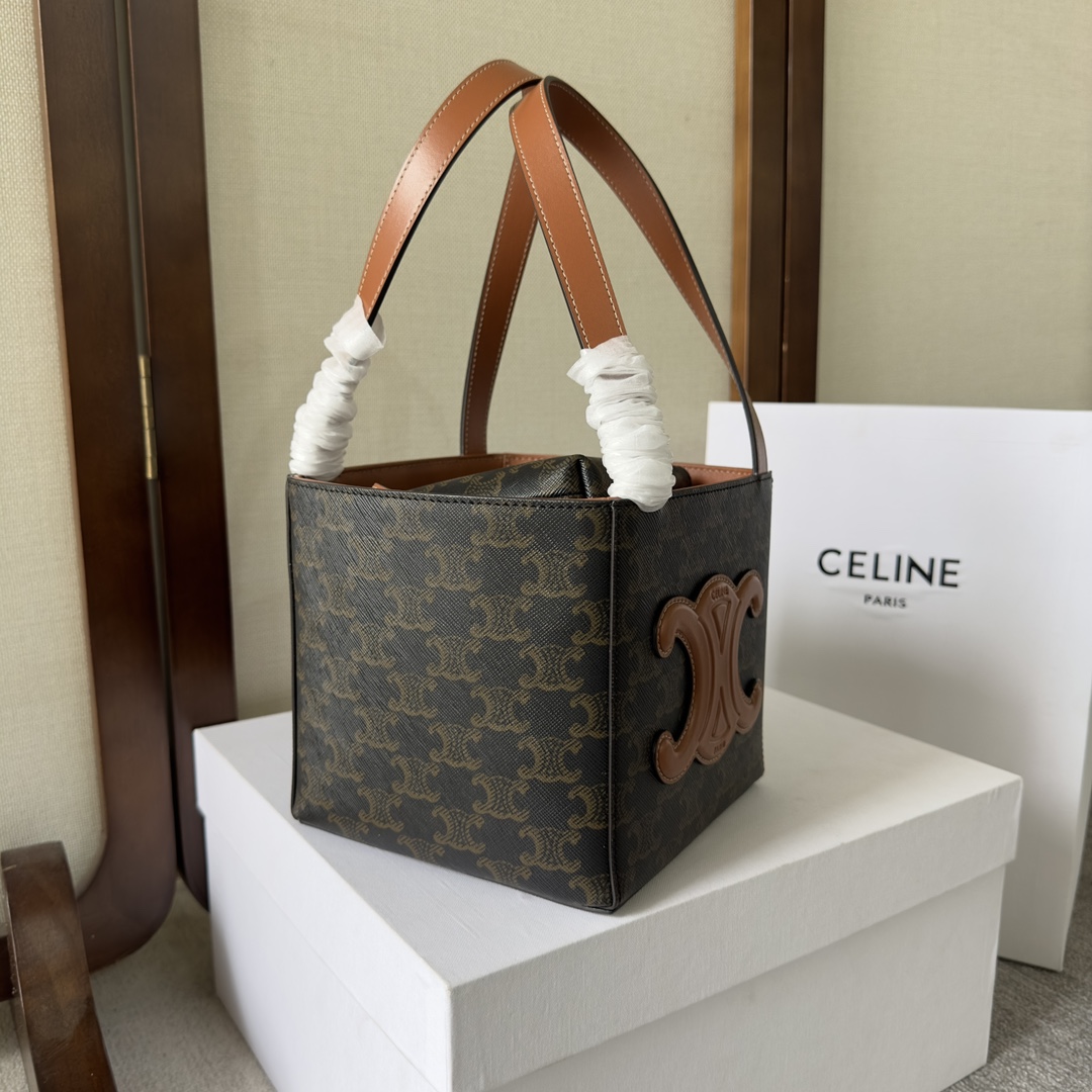 Celine Cube Bag Cuir Triomphe in Triomphe Canvas and Calfskin (15-15-15cm) - FashionPlug