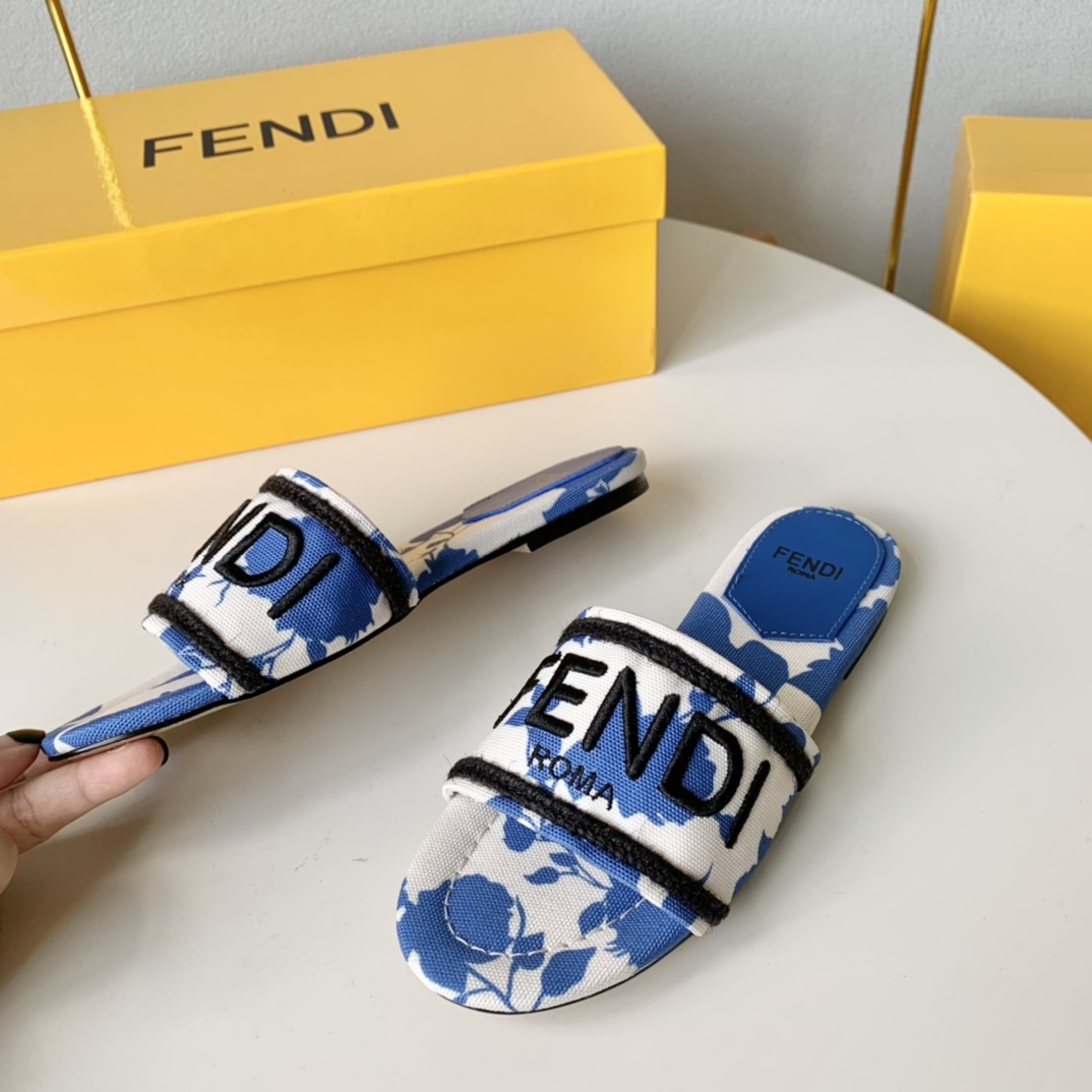 Fendi Signature Blue Canvas Slides - FashionPlug