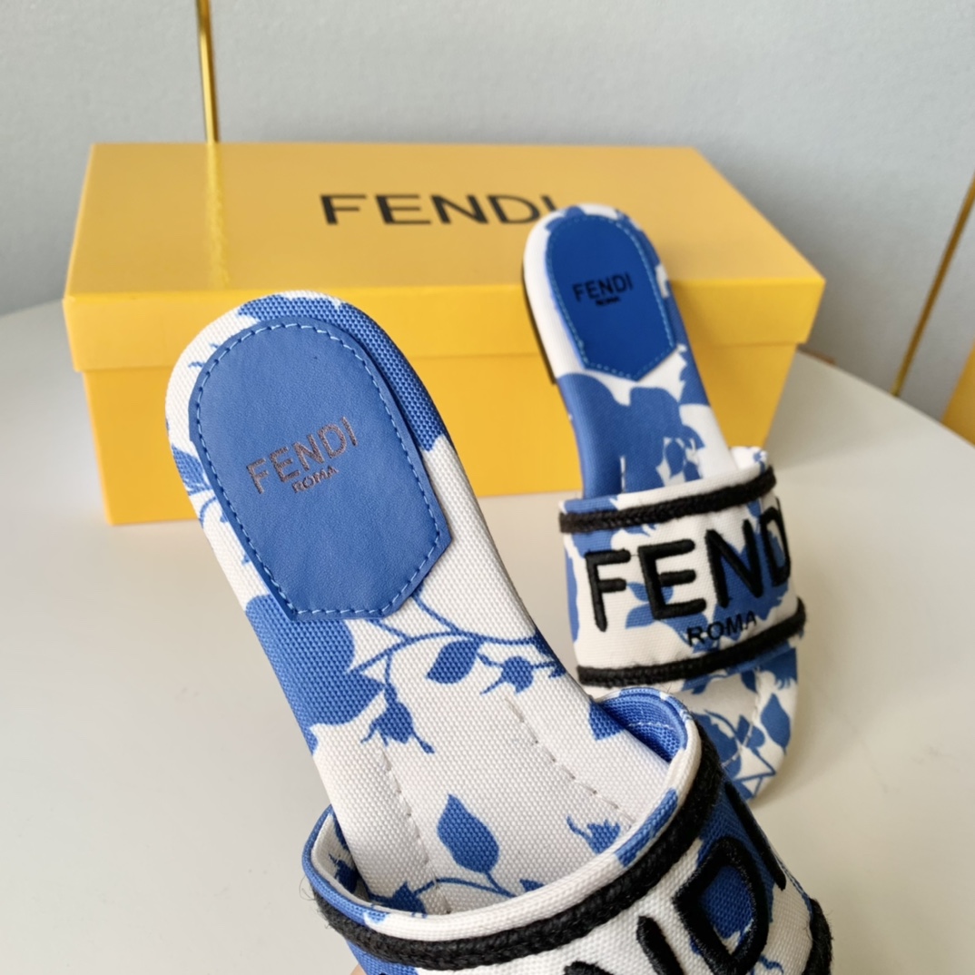 Fendi Signature Blue Canvas Slides - FashionPlug