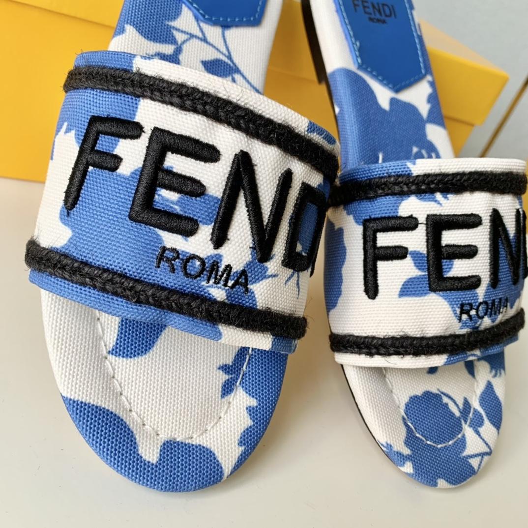 Fendi Signature Blue Canvas Slides - FashionPlug