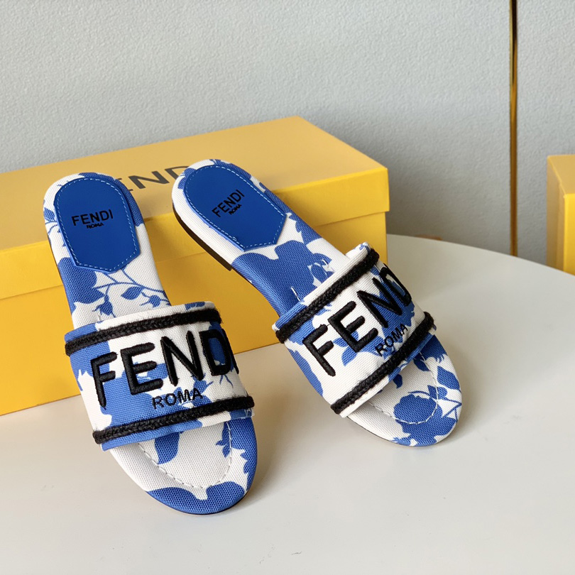 Fendi Signature Blue Canvas Slides - FashionPlug