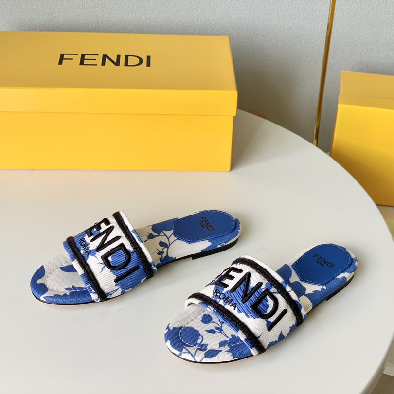 Fendi Signature Blue Canvas Slides - FashionPlug