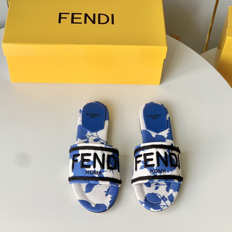 Fendi Signature Blue Canvas Slides - FashionPlug