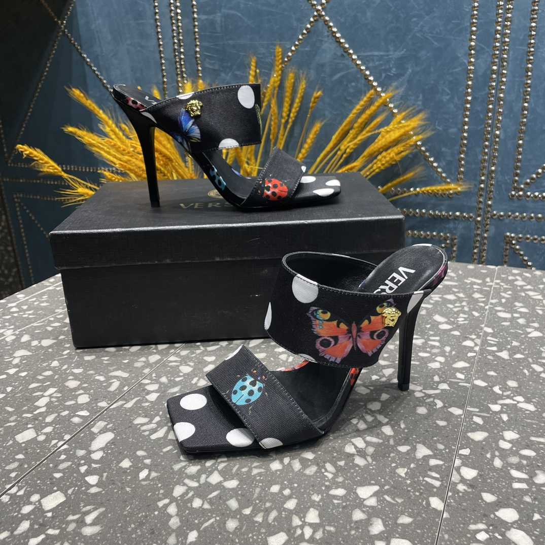 Versace Butterflies Canvas High Heel Mules - FashionPlug