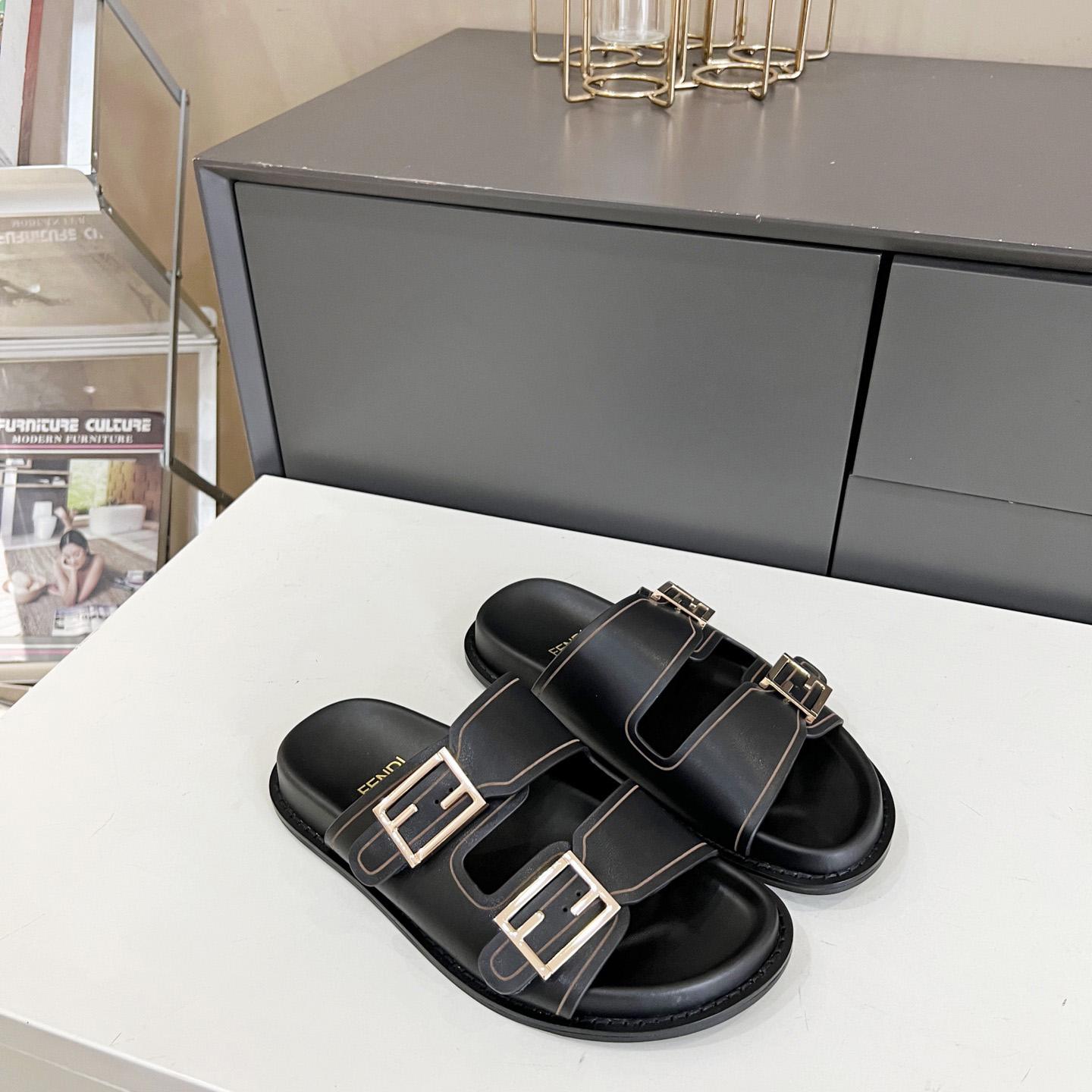 Fendi Feel Black Leather Slides - FashionPlug