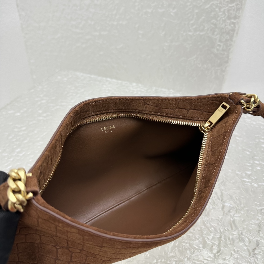 Celine Wiltern Clutch Triomphe Soft In Crocodile Embossed Suede Calfskin Brown  - FashionPlug