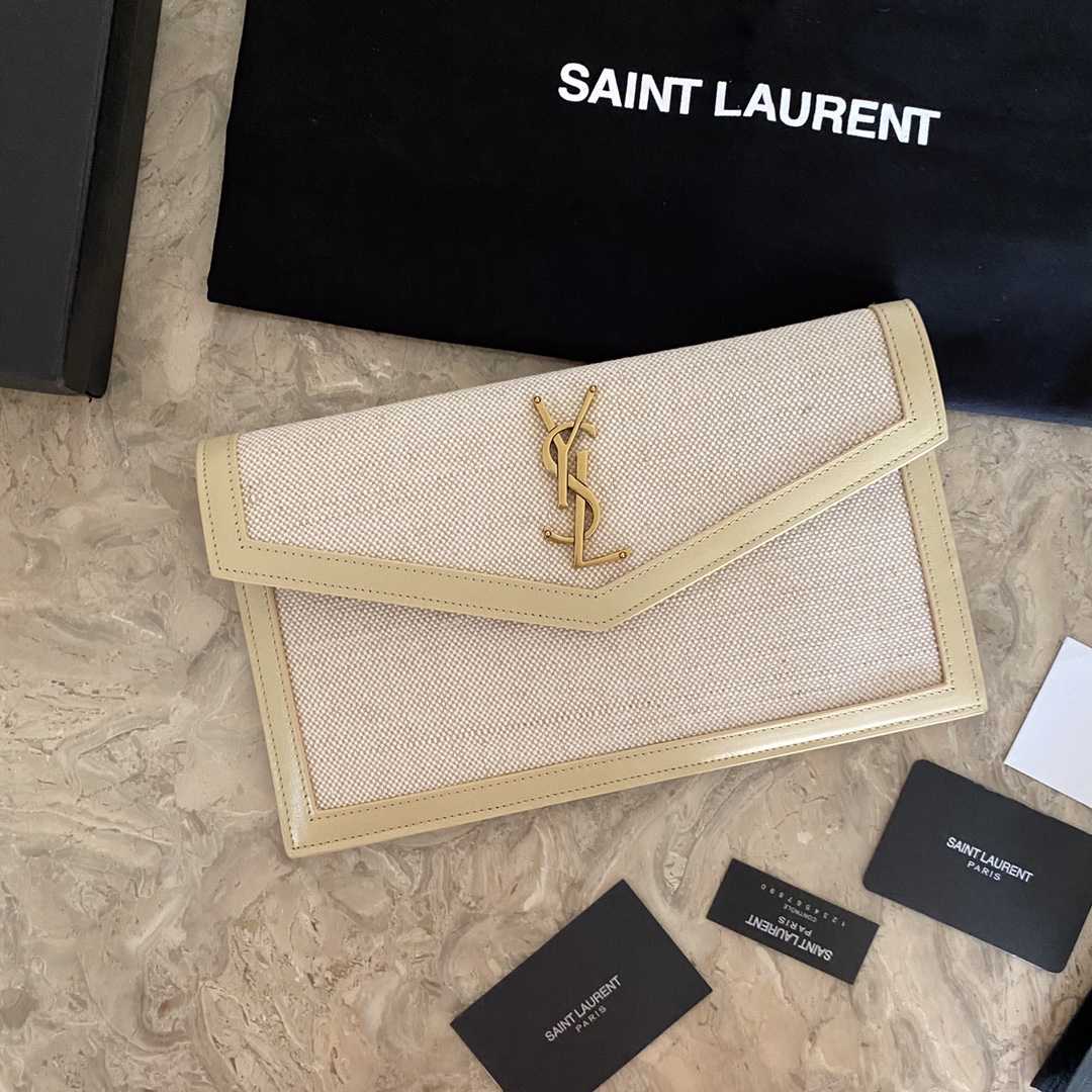 Saint Laurent Uptown Leather-trimmed Raffia Pouch (27-16-2cm) - FashionPlug