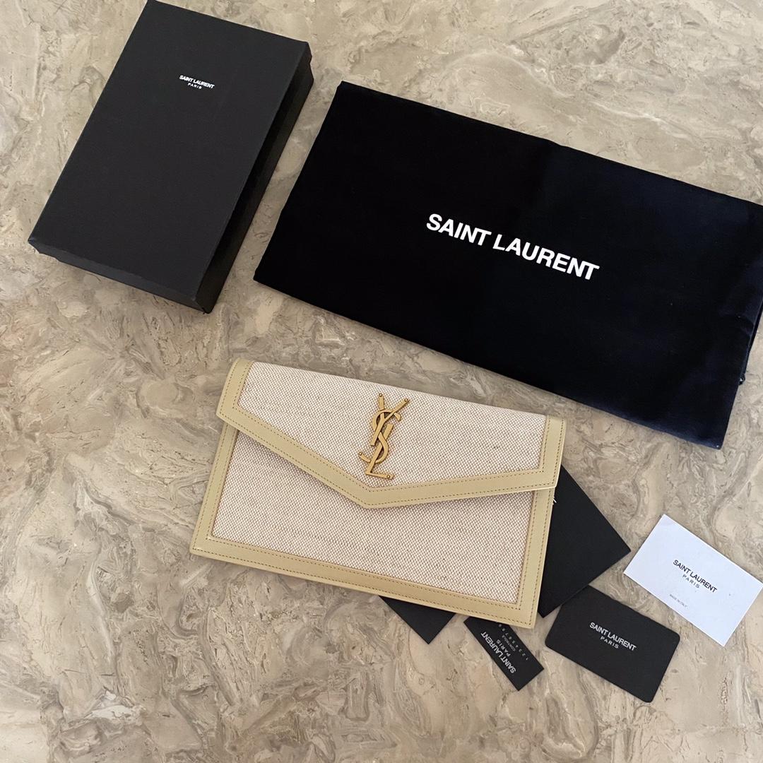Saint Laurent Uptown Leather-trimmed Raffia Pouch (27-16-2cm) - FashionPlug