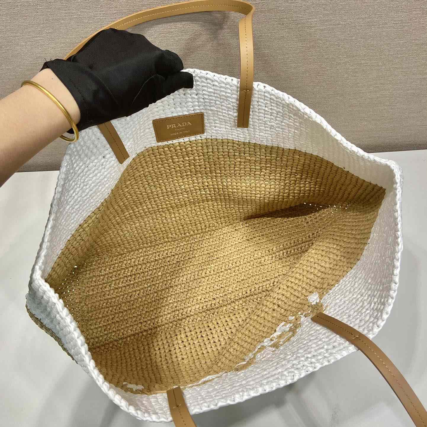 Prada Raffia And Leather Tote Bag - FashionPlug