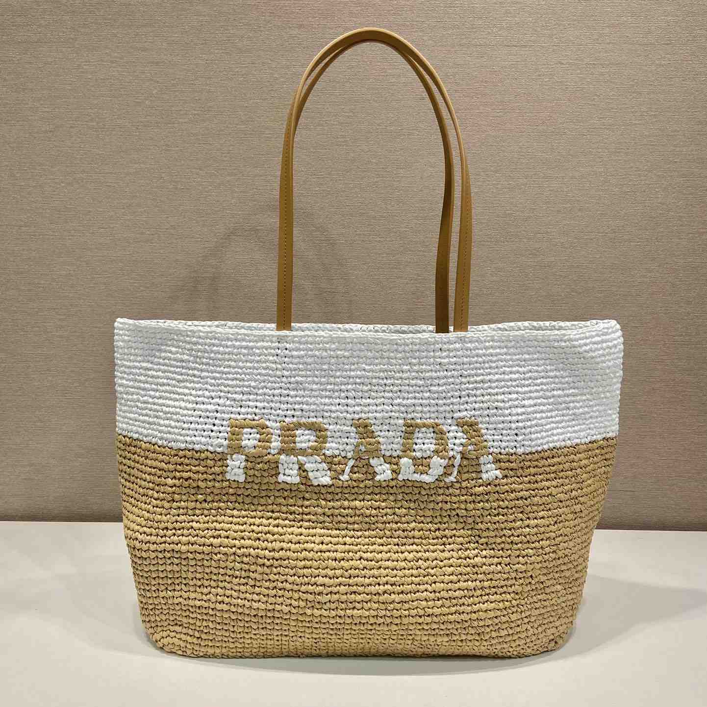 Prada Raffia And Leather Tote Bag - FashionPlug