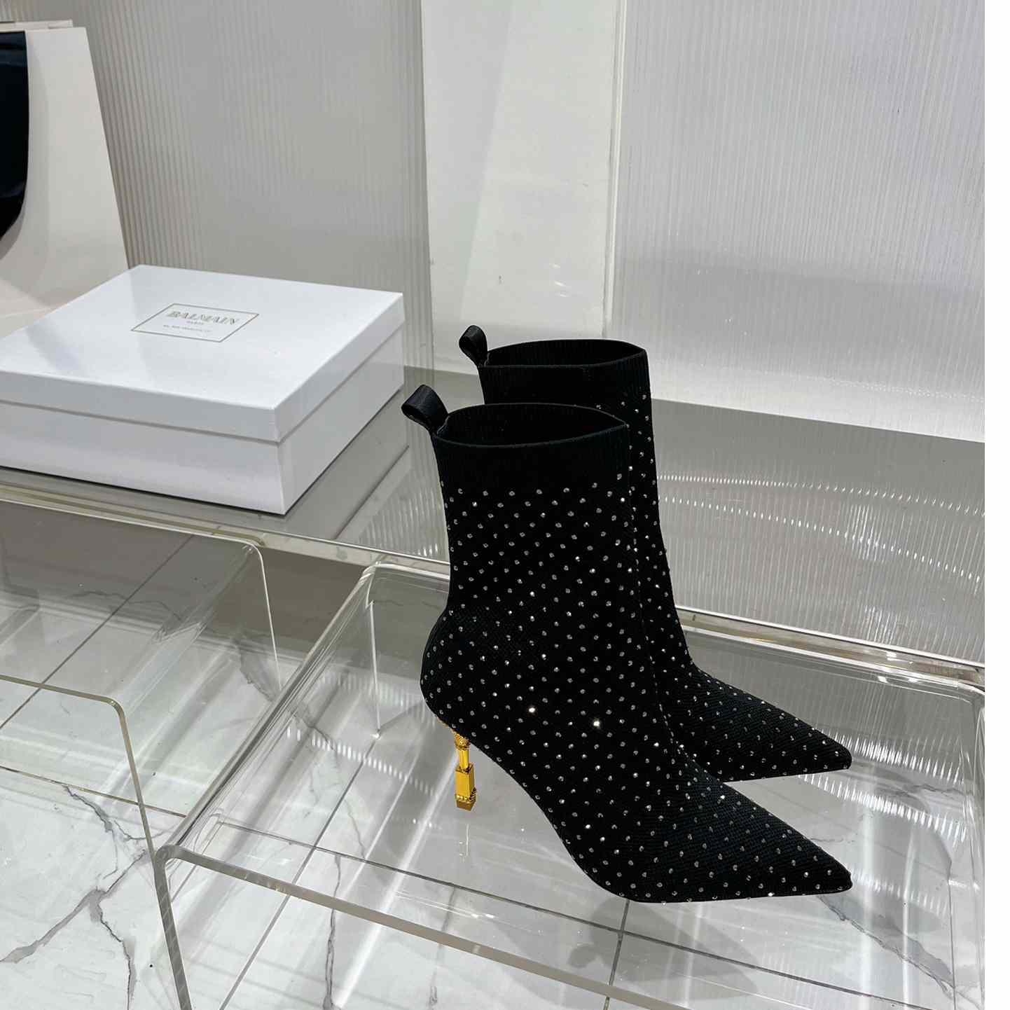 Balmain Moneta Rhinestoned knit Ankle Boots - FashionPlug