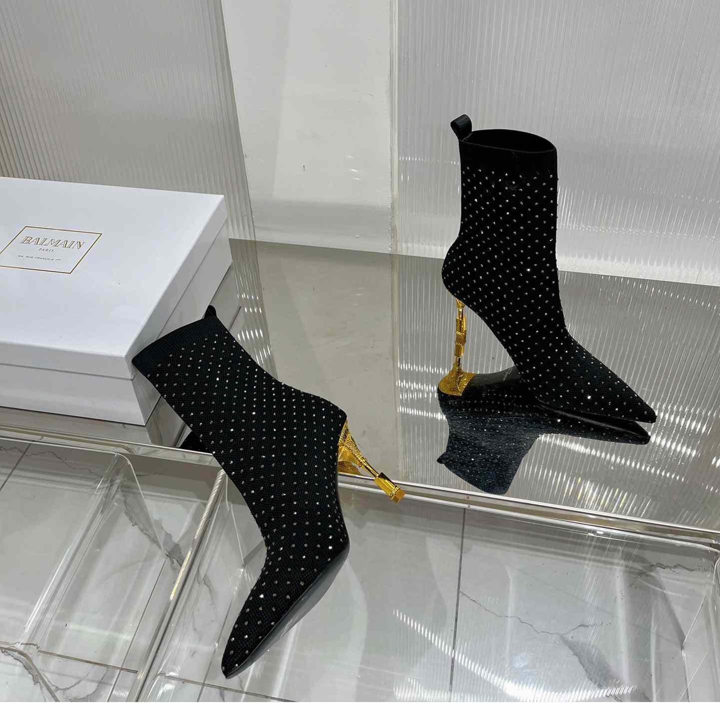 Balmain Moneta Rhinestoned knit Ankle Boots - FashionPlug