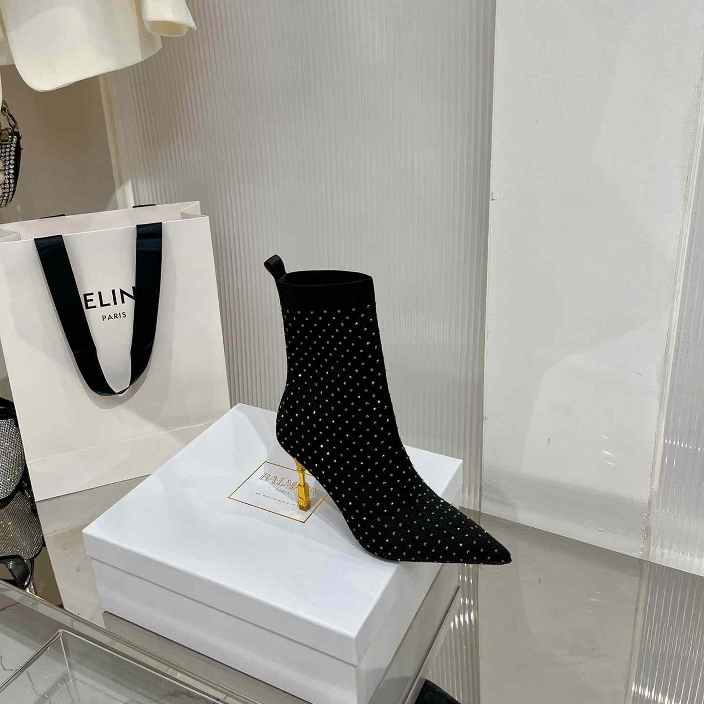 Balmain Moneta Rhinestoned knit Ankle Boots - FashionPlug