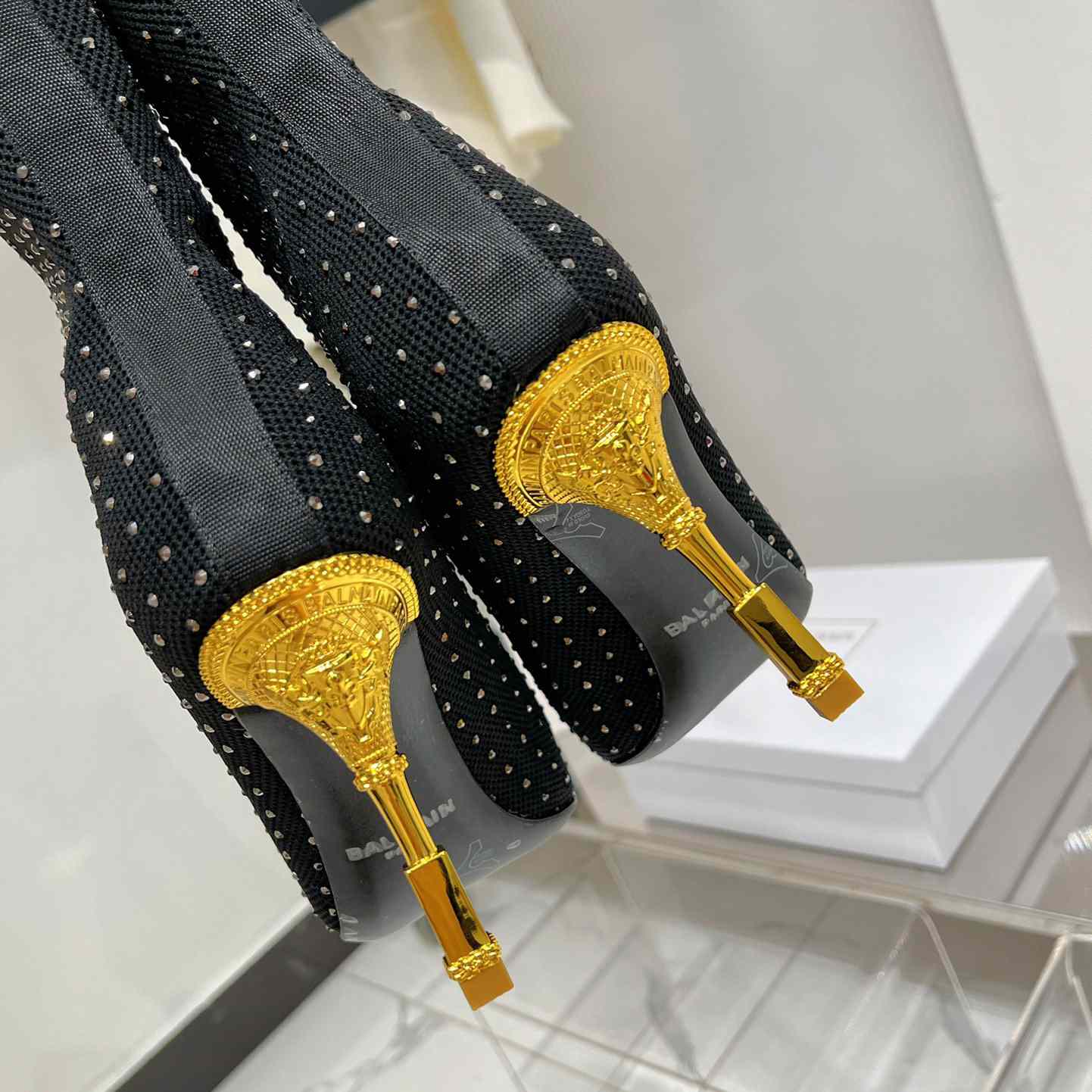 Balmain Moneta Rhinestoned knit Ankle Boots - FashionPlug