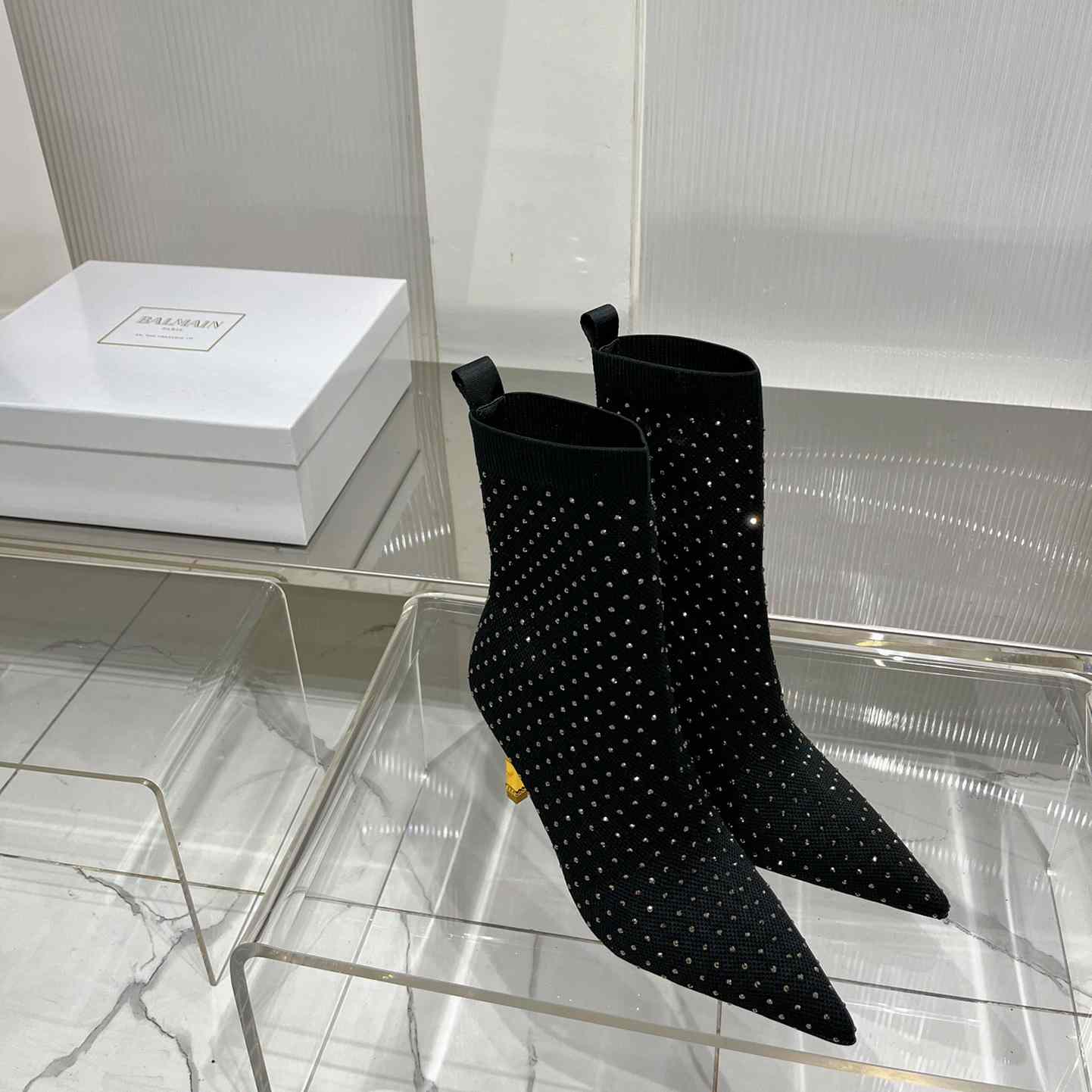 Balmain Moneta Rhinestoned knit Ankle Boots - FashionPlug