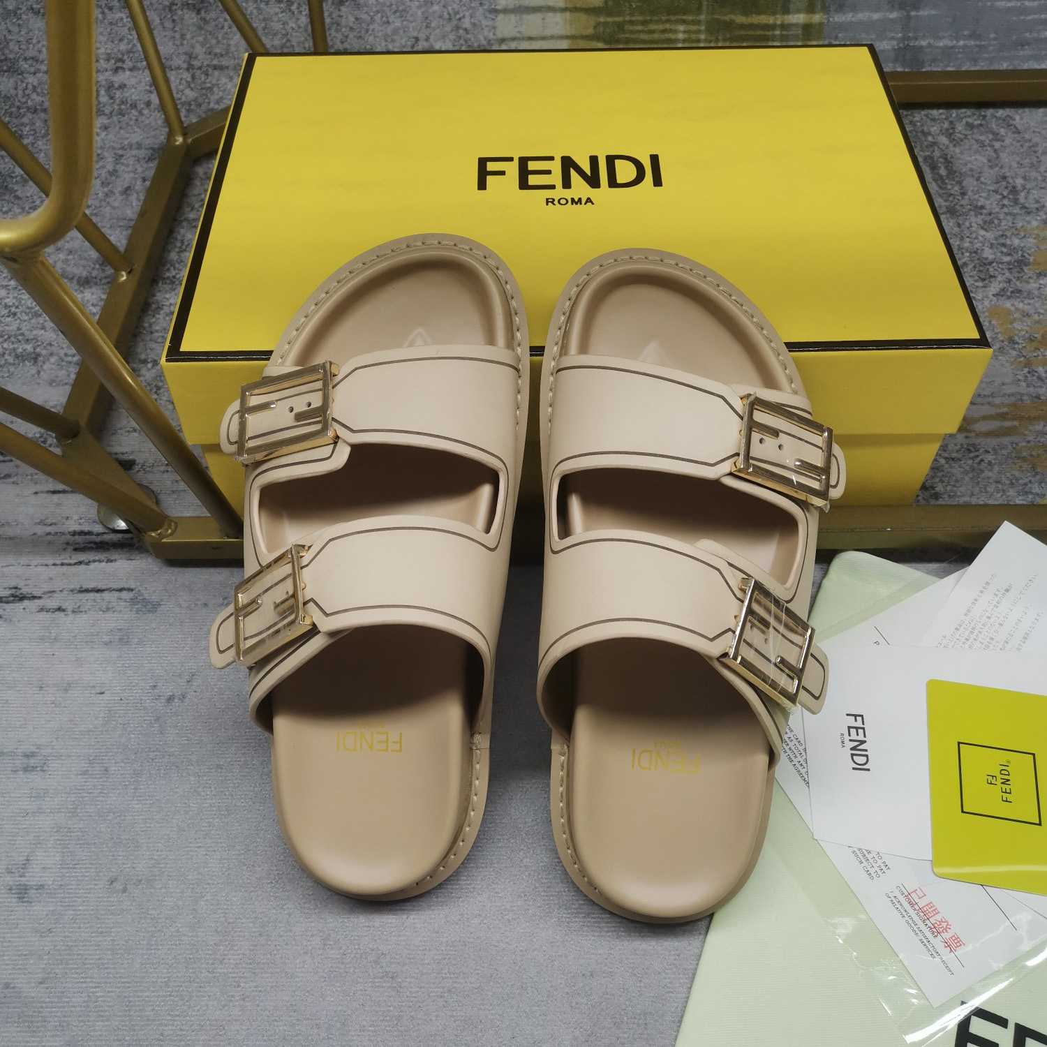 Fendi Feel Beige Leather Slides - FashionPlug