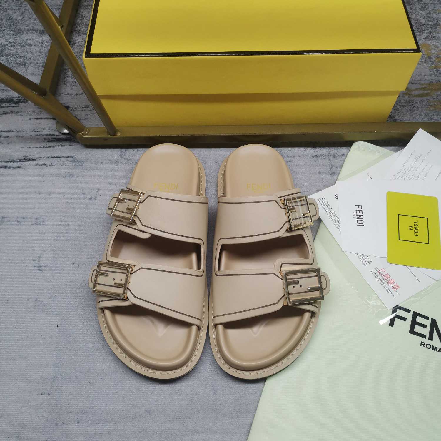 Fendi Feel Beige Leather Slides - FashionPlug