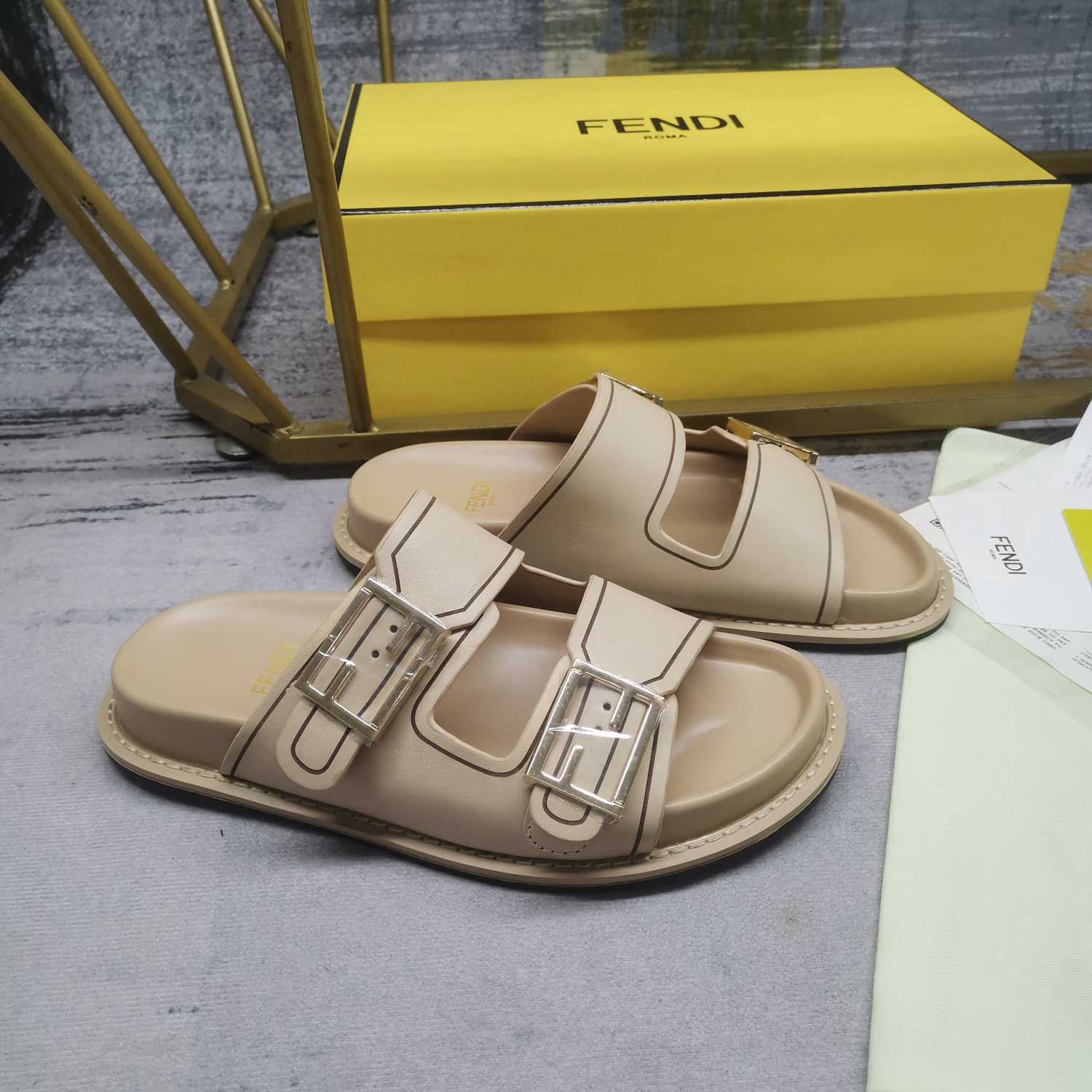 Fendi Feel Beige Leather Slides - FashionPlug