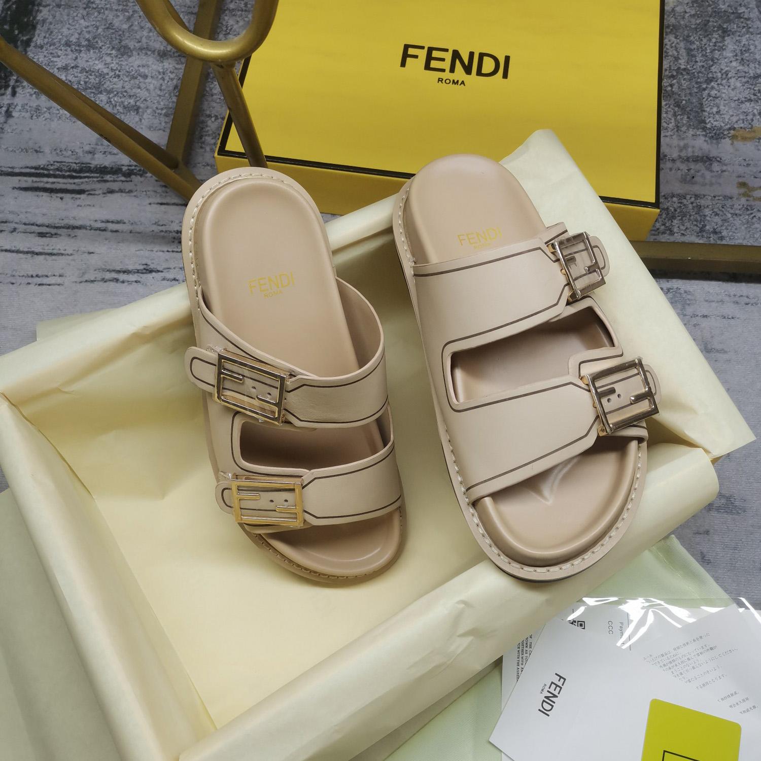 Fendi Feel Beige Leather Slides - FashionPlug