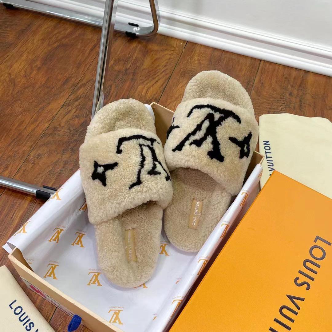 Louis Vuitton Shearling Slides - FashionPlug