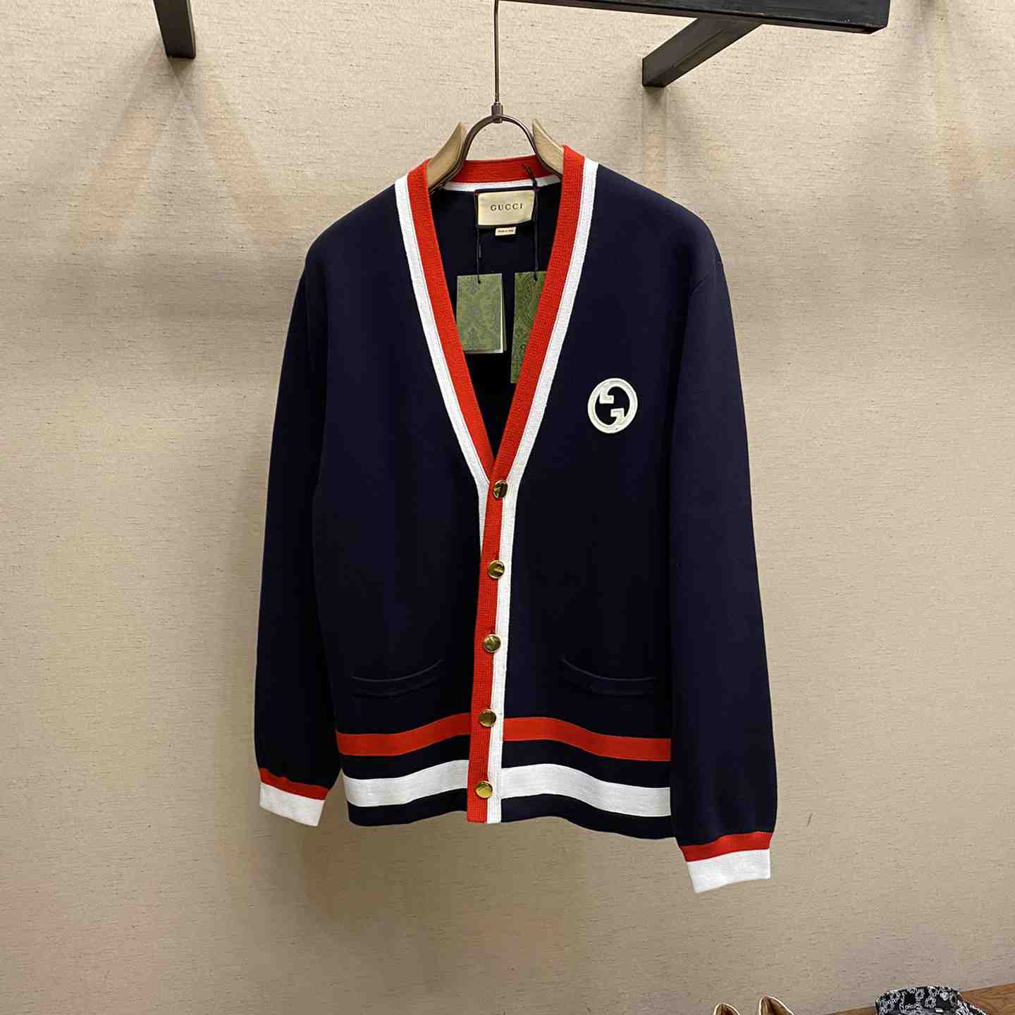 Gucci Knit Wool Cardigan With Patch - FashionPlug