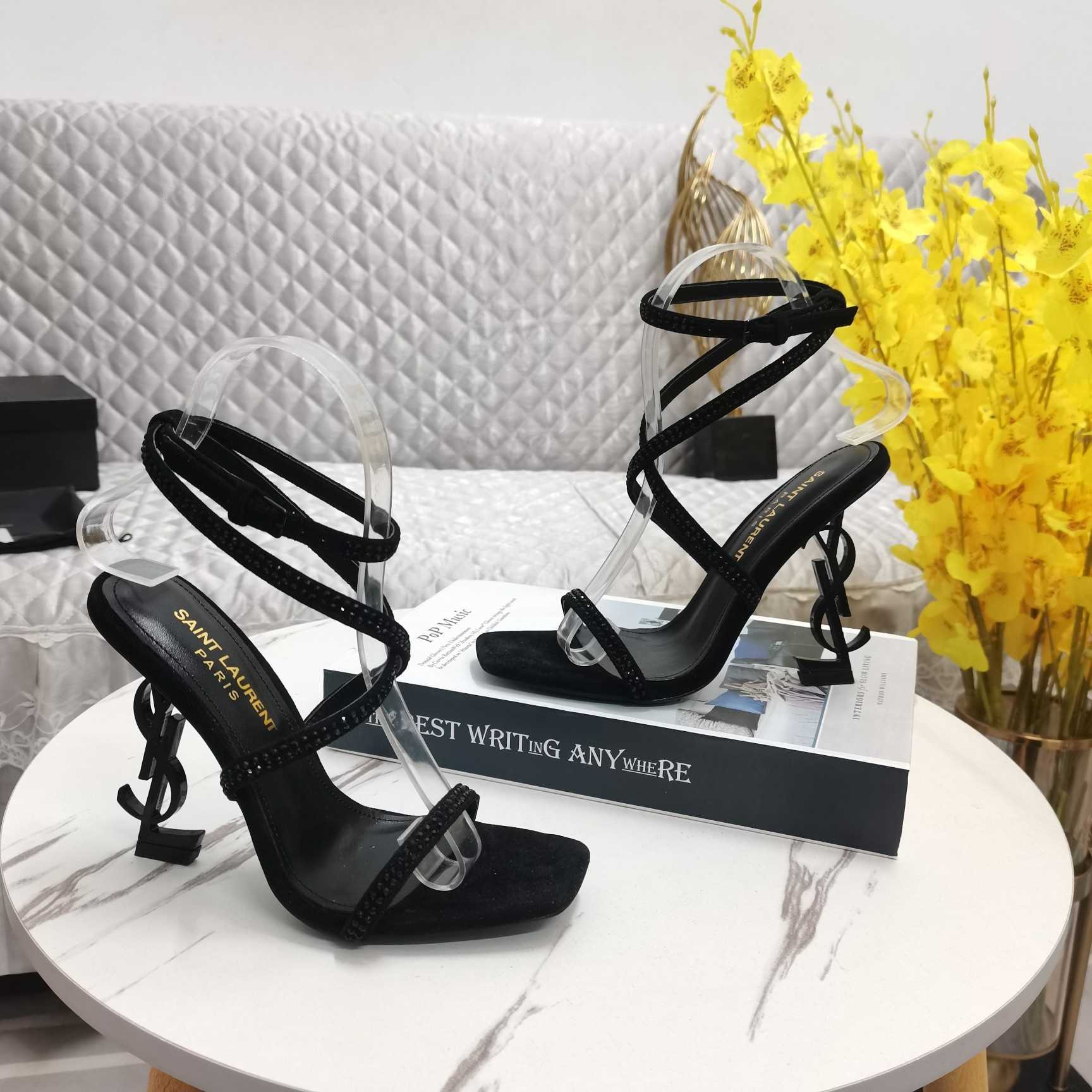 Saint Laurent Opyum Embellished Satin Sandals - FashionPlug