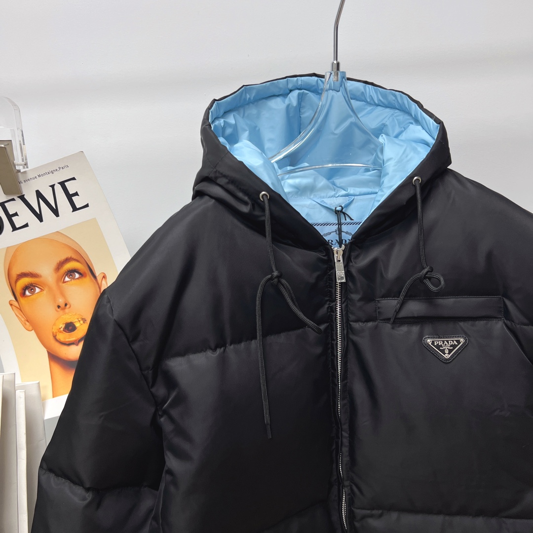 Prada Re-Nylon Gabardine Hooded Down Jacket - FashionPlug