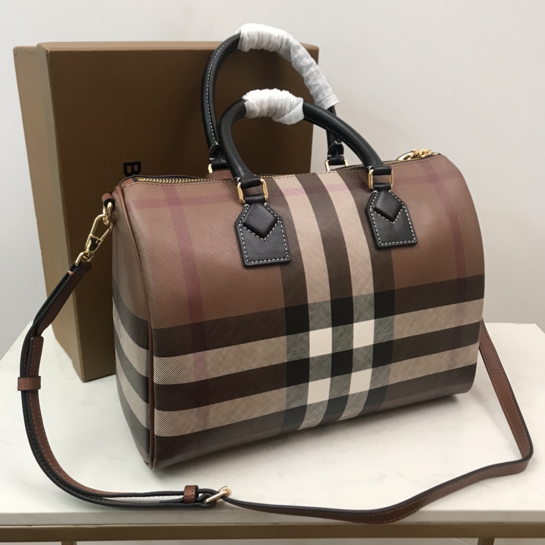 Burberry Medium Check-pattern Leather Bowling Bag (30 x 15 x 21cm) - FashionPlug