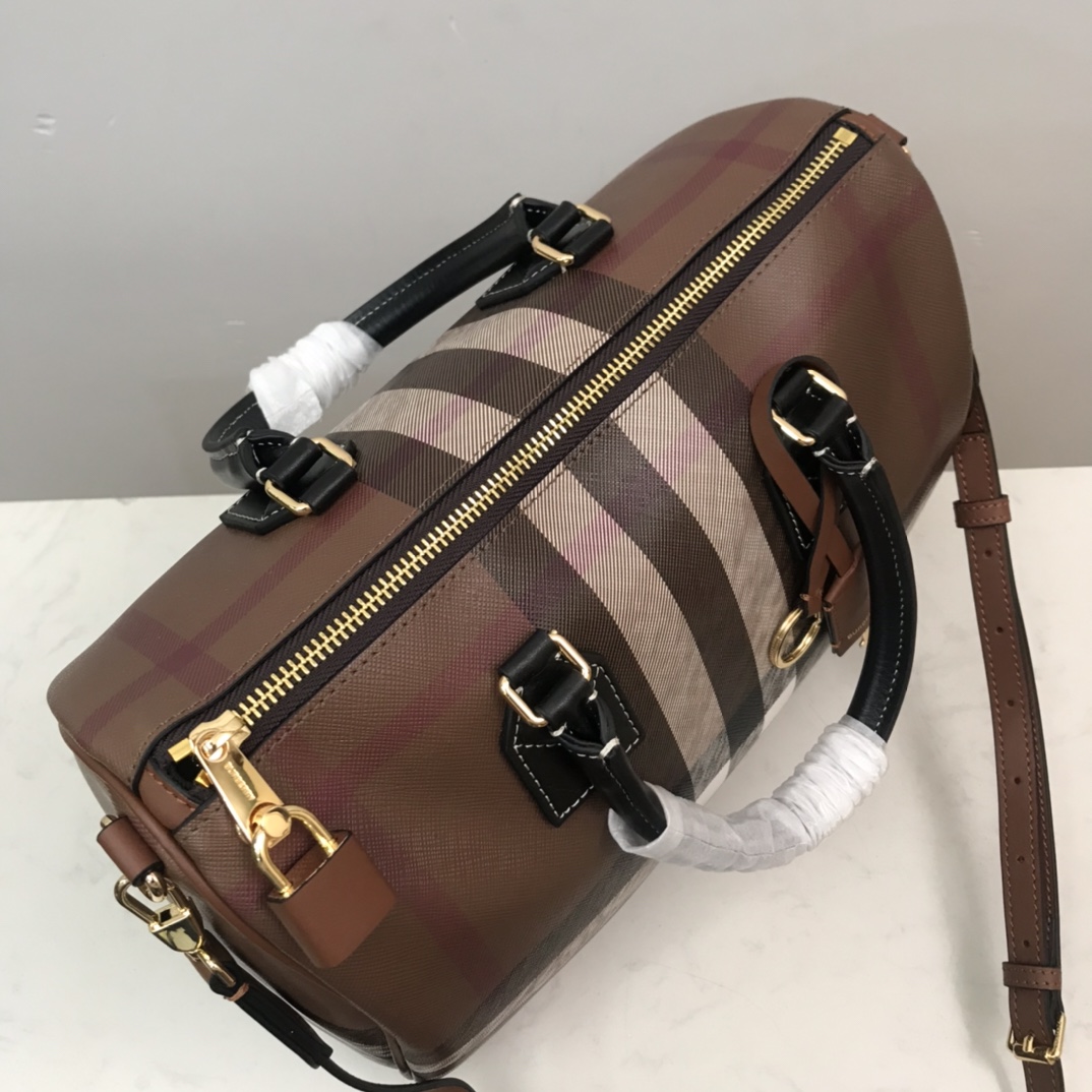 Burberry Medium Check-pattern Leather Bowling Bag (30 x 15 x 21cm) - FashionPlug
