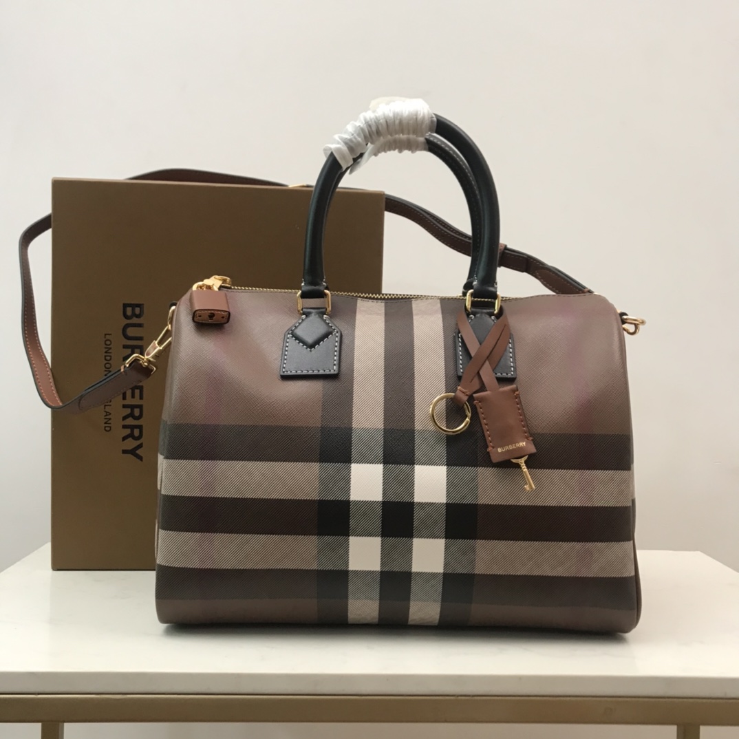 Burberry Medium Check-pattern Leather Bowling Bag (30 x 15 x 21cm) - FashionPlug