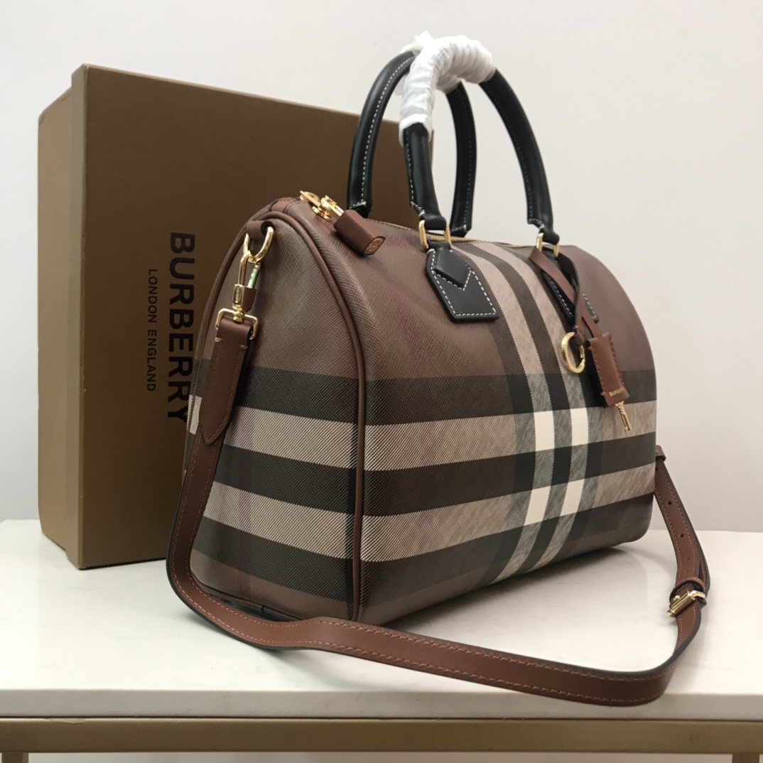 Burberry Medium Check-pattern Leather Bowling Bag (30 x 15 x 21cm) - FashionPlug