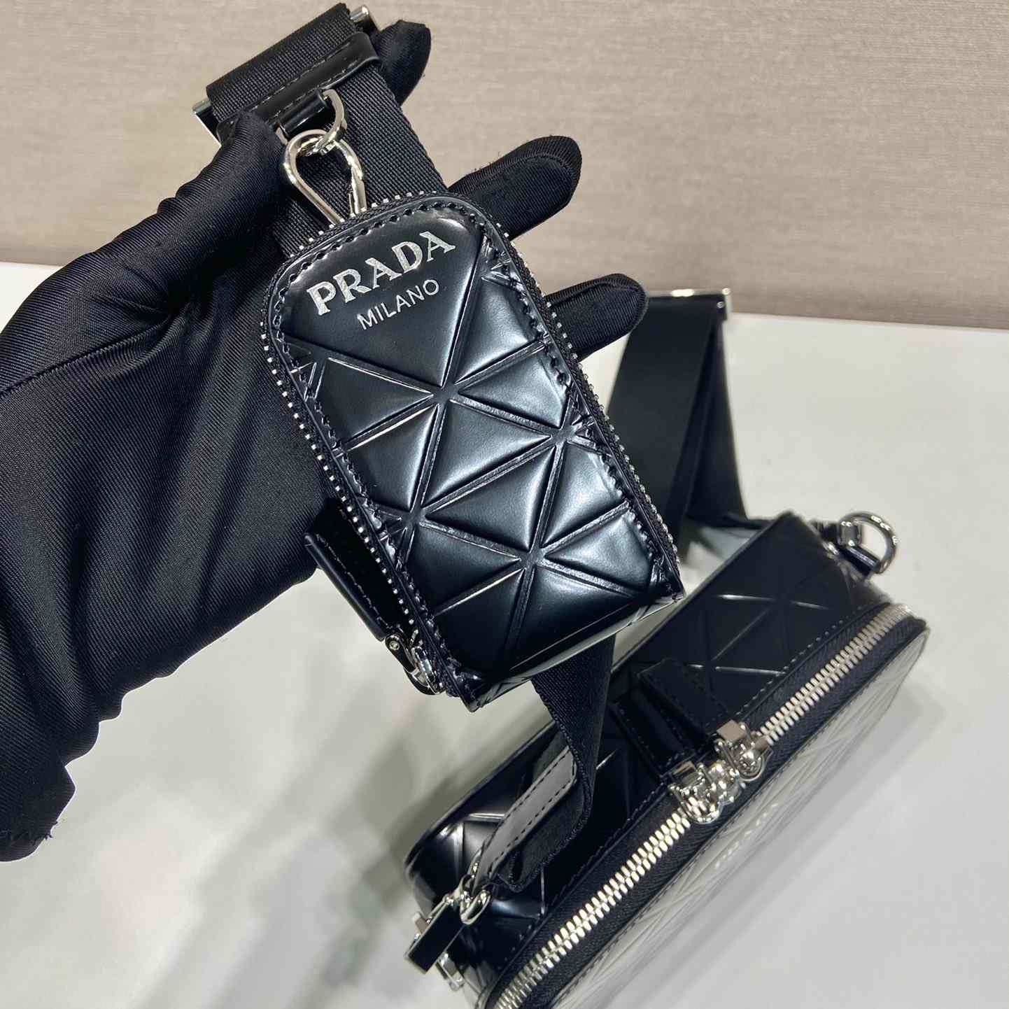 Prada Brique Brushed Leather Bag With Triangle Motif - FashionPlug