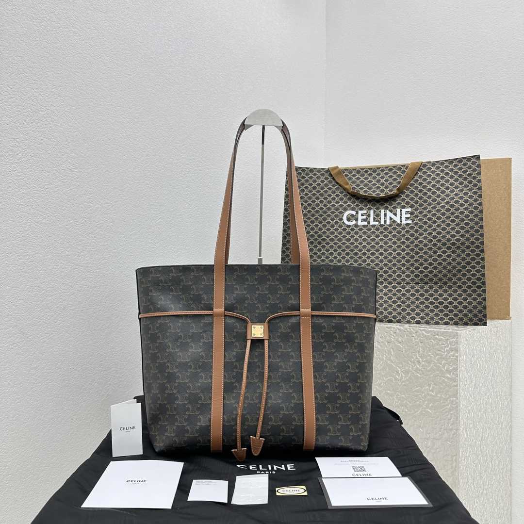Celine Cabas Drawstring In Triomphe Canvas And Calfskin Tan - FashionPlug